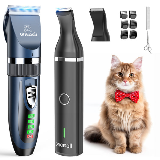 Oneisall X2+N5 Cat Clippers for Matted Hair, 2 in 1 Cat Grooming Kit, Quiet Cordless Cat Shaver and Paw Trimmer for Long Hair, Cat Hair Trimmer for Grooming, Pet Clippers for Cats, Navy & Black