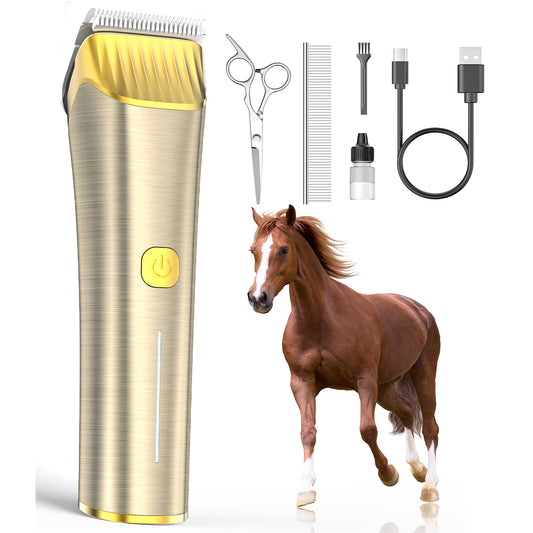 Oneisall RK-034 Horse Clippers for Grooming, 2 Speed Low Noise Horse Grooming Kit with Detachable Metal Blade & 5 Guide Guards, Cordless Horse Grooming Clippers, Gold