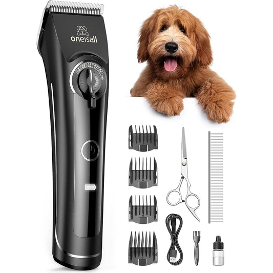 Oneisall CP-9050 Heavy Duty Dog Clippers for Grooming Thick Coats, Low Noise Dog Grooming Kit with Detachable & Adjustable Metal Blades, Cordless Dog Grooming Clippers for Dog Cat Matted Hair - Black