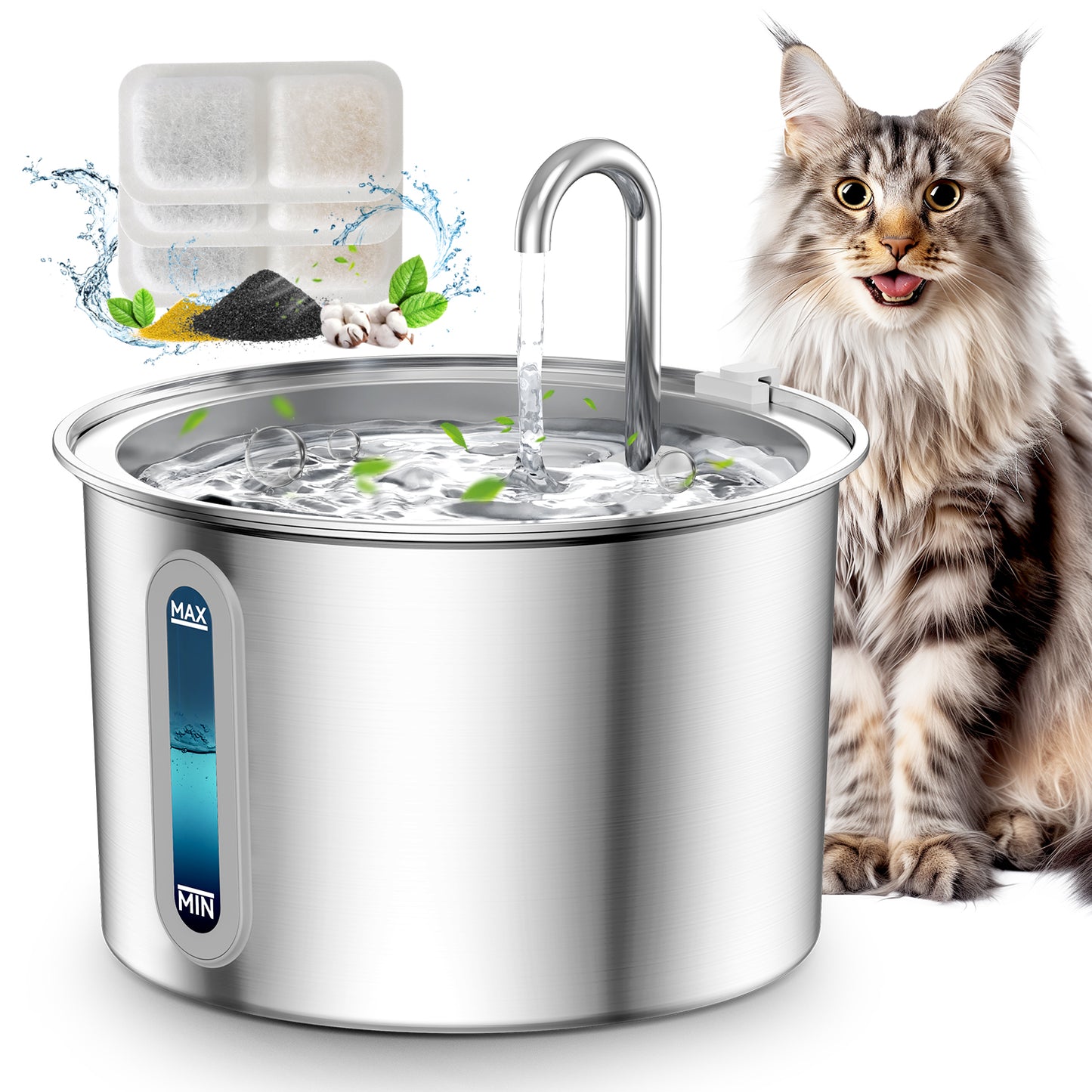 Oneisall PWF-001 304 Stainless Steel Cat Water Fountain, 2L Water Fountains for Cats Indoor - Silver