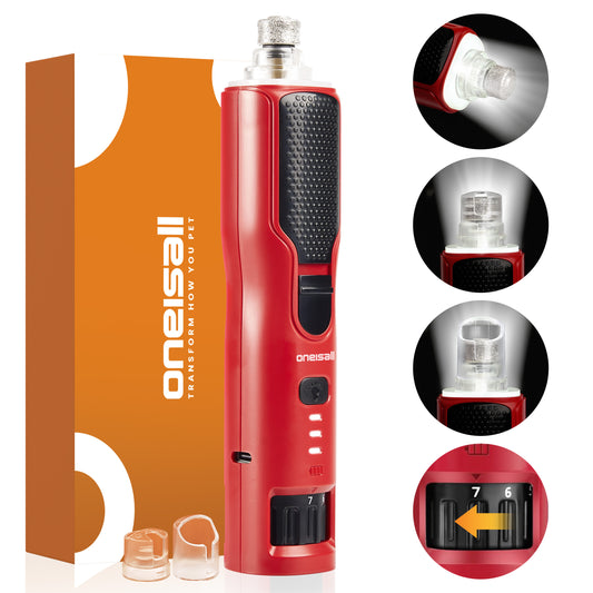 Oneisall NG01 Professional Dog Nail Grinder 7-Speed & 360° LED Light & 3 Brightness, Low Noise Dog Nail Trimmer, Pet Nail Grinder for Dogs and Cats, with Extra Grinder Head Cover - Red