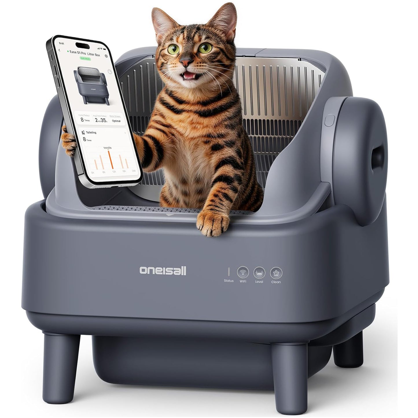 Oneisall CB02 Self Cleaning Litter Box with APP Control, Open-Top Smart Cat Litter Box Rinsable Easy Clean, Safety Protection&11L Large Waste Bin, Automatic Litter Box for Large Cats, Gray