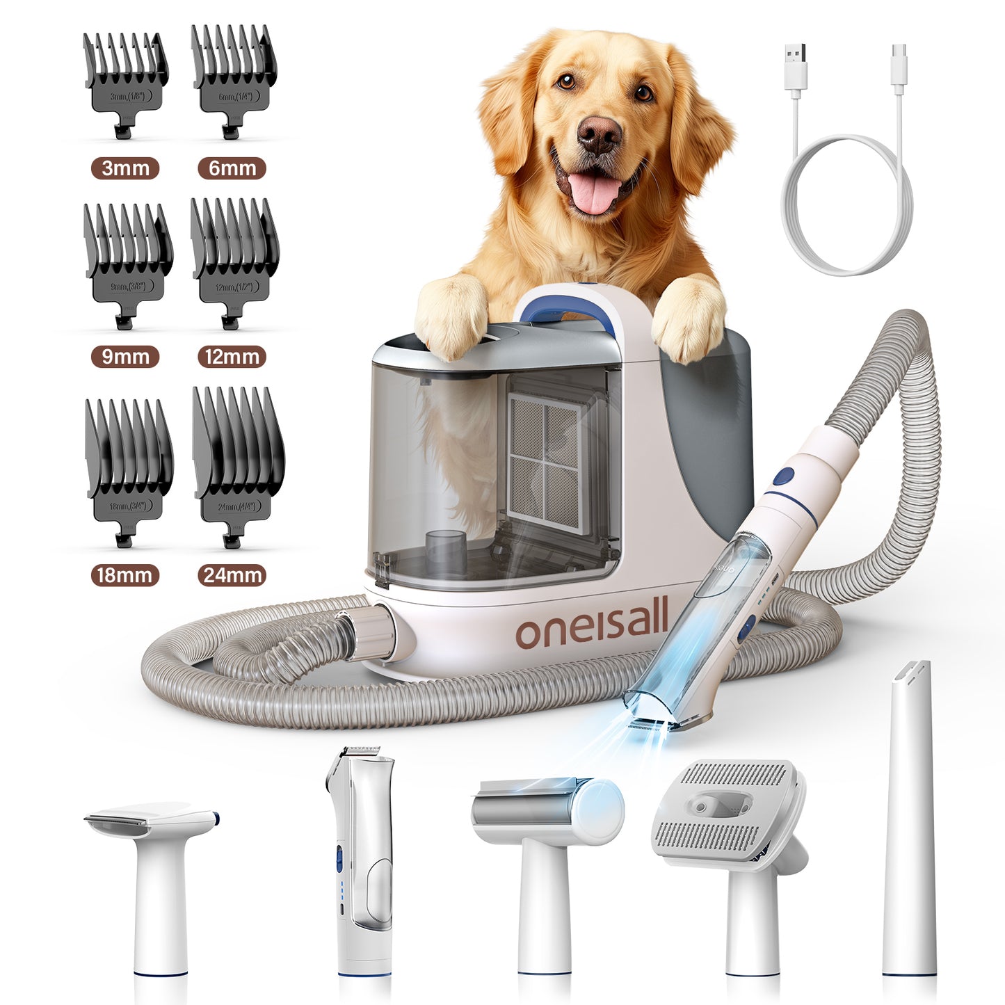 Oneisall Dog Grooming Vacuum/13Kpa Low Noise Pet Grooming Vacuum /3L Large Dust Bin Dog Vacuum for Shedding Grooming/Dog Grooming Kit Including 6 Tools for Dhedding Thick Coats and Home Cleaning