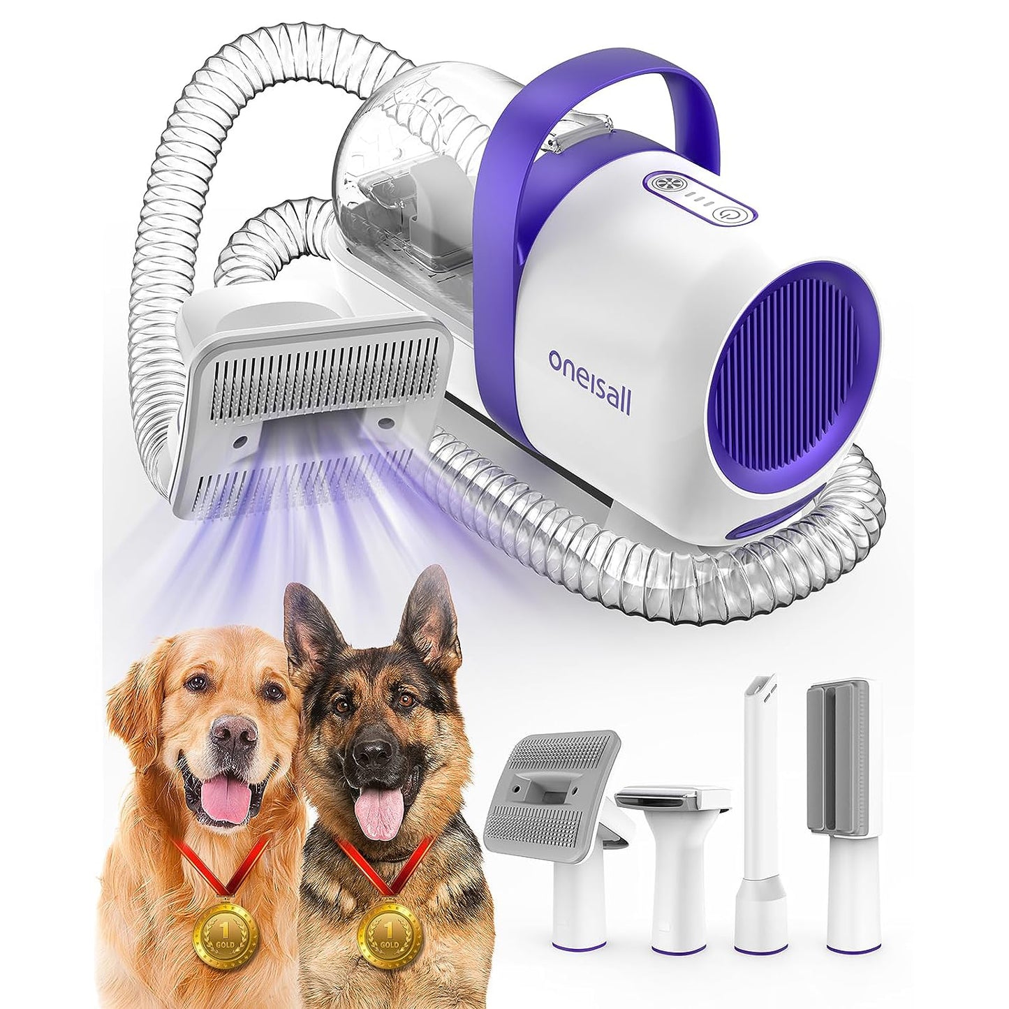 Oneisall LM5 Dog Grooming Vacuum for Shedding, 5 In 1 Low Noise Dog Hair Vacuum Groomer Dog Grooming Kit with 4 Pet Grooming Vacuum Tools & 1.5 L Dust Cup, Pet Vacuum for Dogs Cats Pet Hair, Purple