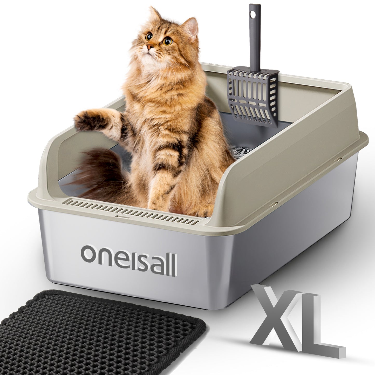 Oneisall XL Stainless Steel Cat Litter Box for Multiple Cats, MS-60 Metal Cat Litter Box with Scoop & Mat, Black