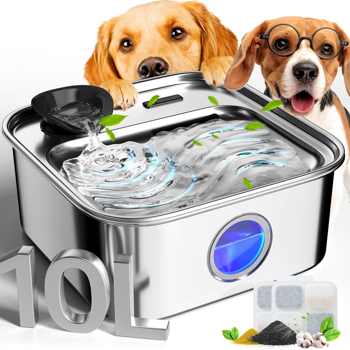 Oneisall PW07 Dog Water Fountain Stainless Steel 304, 10L/2.6Gal Automatic Dog Water Bowl Dispenser with Multi-Filtration & Deeper Drinking Area, Large Dog Water Bowl with Water Window & LED, Silver