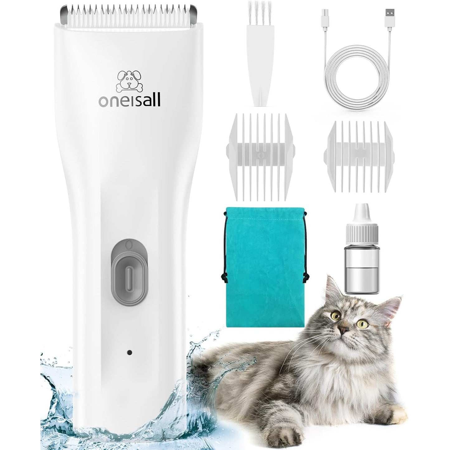 Oneisall LGL006 Cat Grooming Clippers, Cordless Quiet Cat Clippers for Cat Matted Hair, IPX7 Waterproof Small Pet Hair Clippers with 2 Guide Combs & Storage Bag, Pet Shaver for Grooming