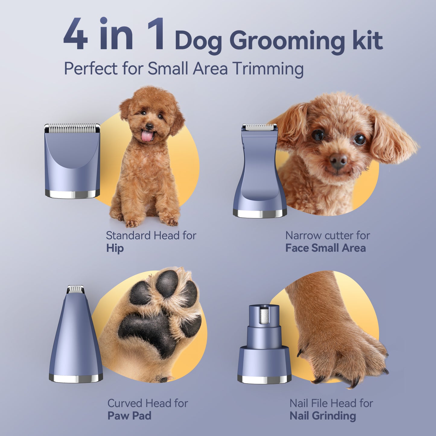 Oneisall N11 Dog Paw Trimmer, 4-in-1 Cordless Dog Grooming Kit, Low Noise Dog Nail Grinder & IPX7 Waterproof Dog Grooming Clippers for Paws, Face, Eyes, Ears, Rump - Blue