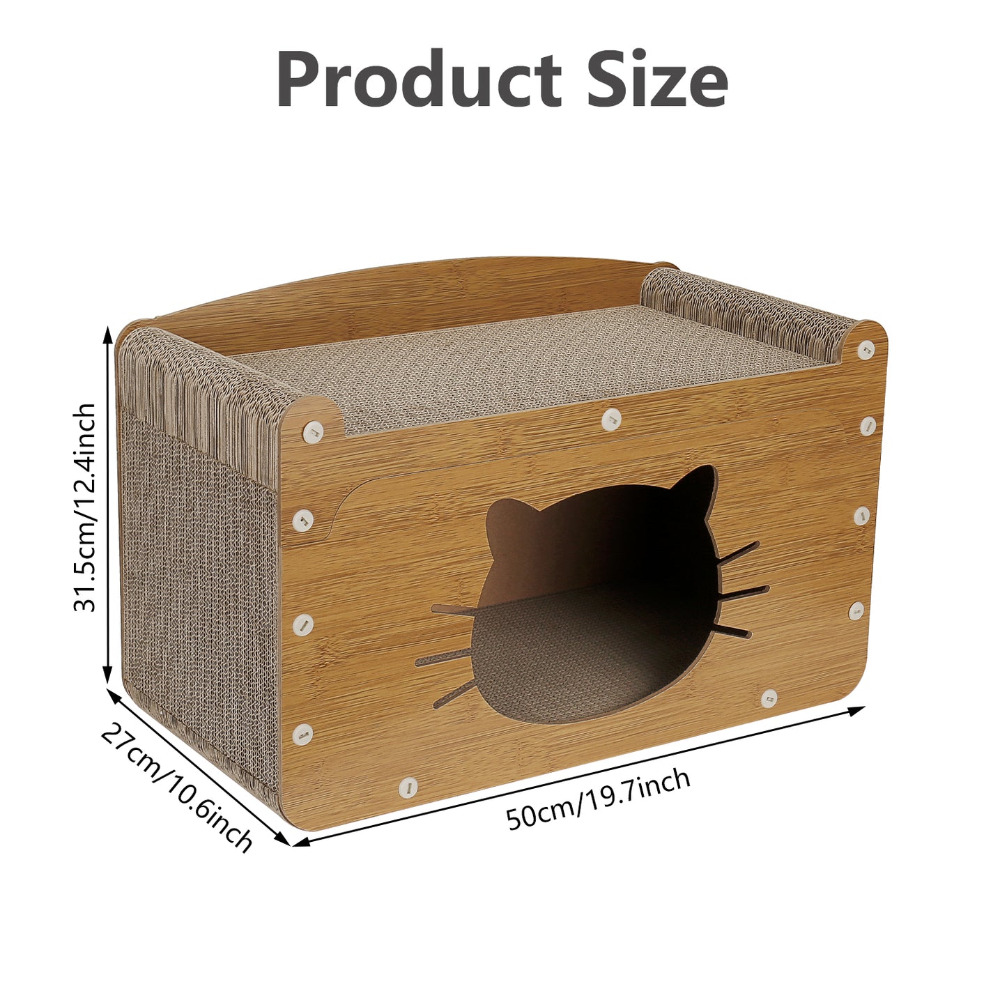 Oneisall 2 In 1 Cat Scratcher Cat Houses for Indoor Cats, 2-Layer Cardboard Cat House & 8-Sides Cat Scratching Board, Cat Scratcher House with 3 Cat Toys, Cat Furniture Cat Scratch Pad, Wood Color