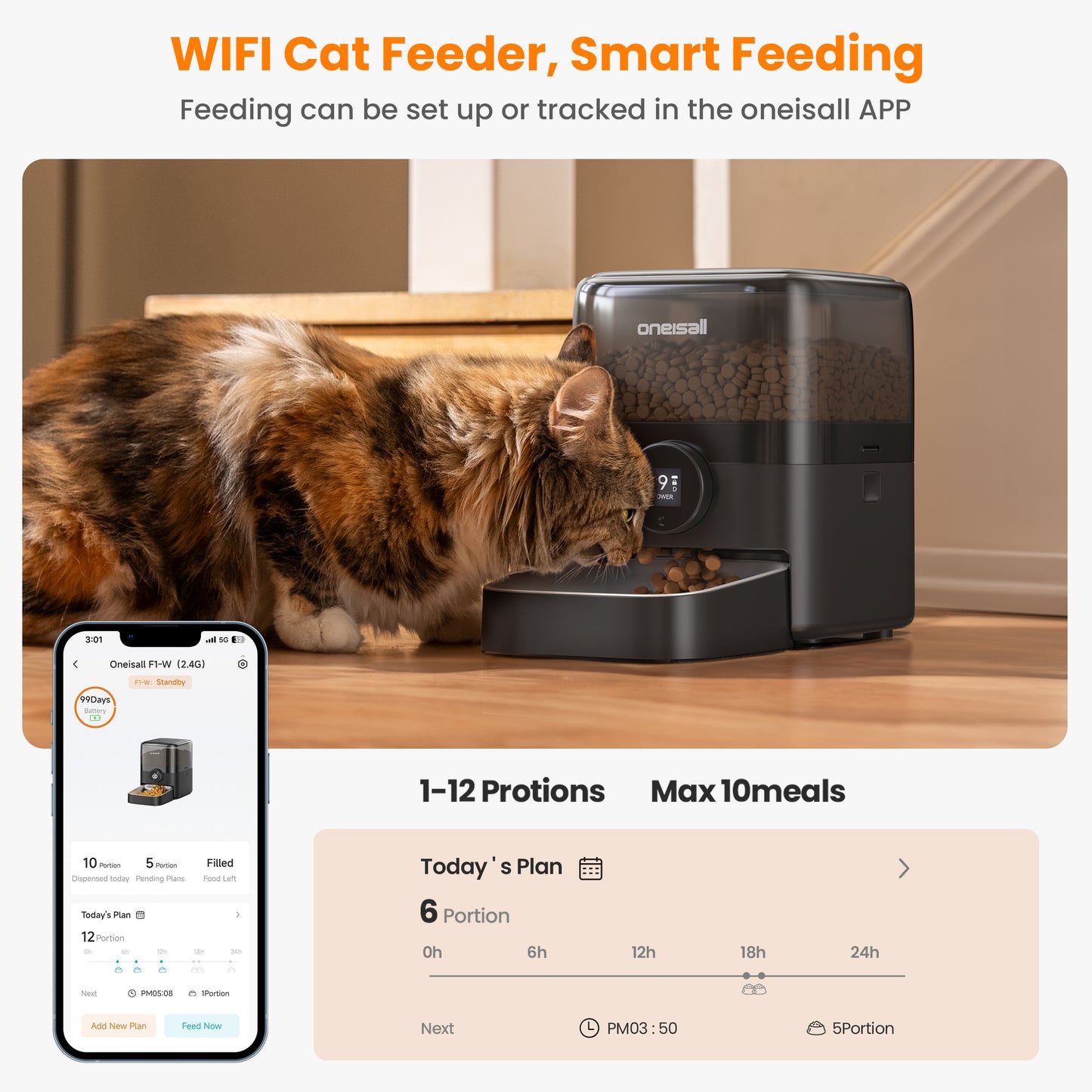Oneisall PF06 Wireless Automatic Cat Feeder, 12 Cups/3L WiFi Timed Cat Feeder, 100 Day Extended Runtime Pet Feeder, Automatic Cat Food Dispenser for Large Kibble, Smart App Control, Black