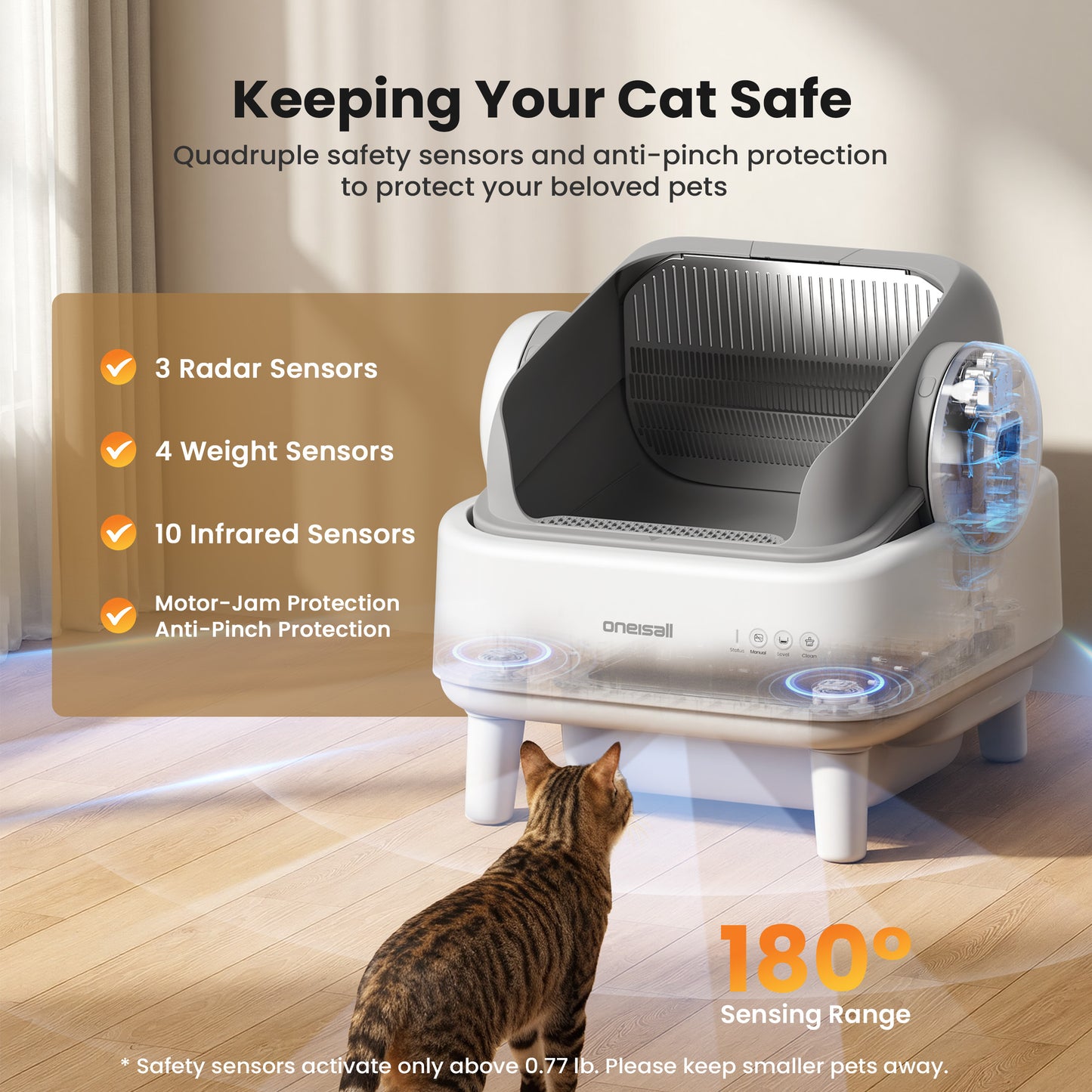 Oneisall AB01 Automatic Cat Litter Box with 17 Safety Sensors, Open Top Self Cleaning Litter Box for Multiple Cats, Automatic Litter Box with Washable Silicone Lining & 40 Waste Bags, White