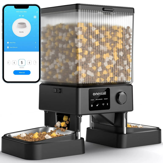 Oneisall PFD-002 PRO Automatic Cat Dog Feeder with 5G WiFi & APP Control, 5L/20 Cups Double Bowl Cat Food Dispenser with 1 Desiccant Bag, Timed Automatic Pet Feeder for 2 Cats/2 Small Dogs - Black
