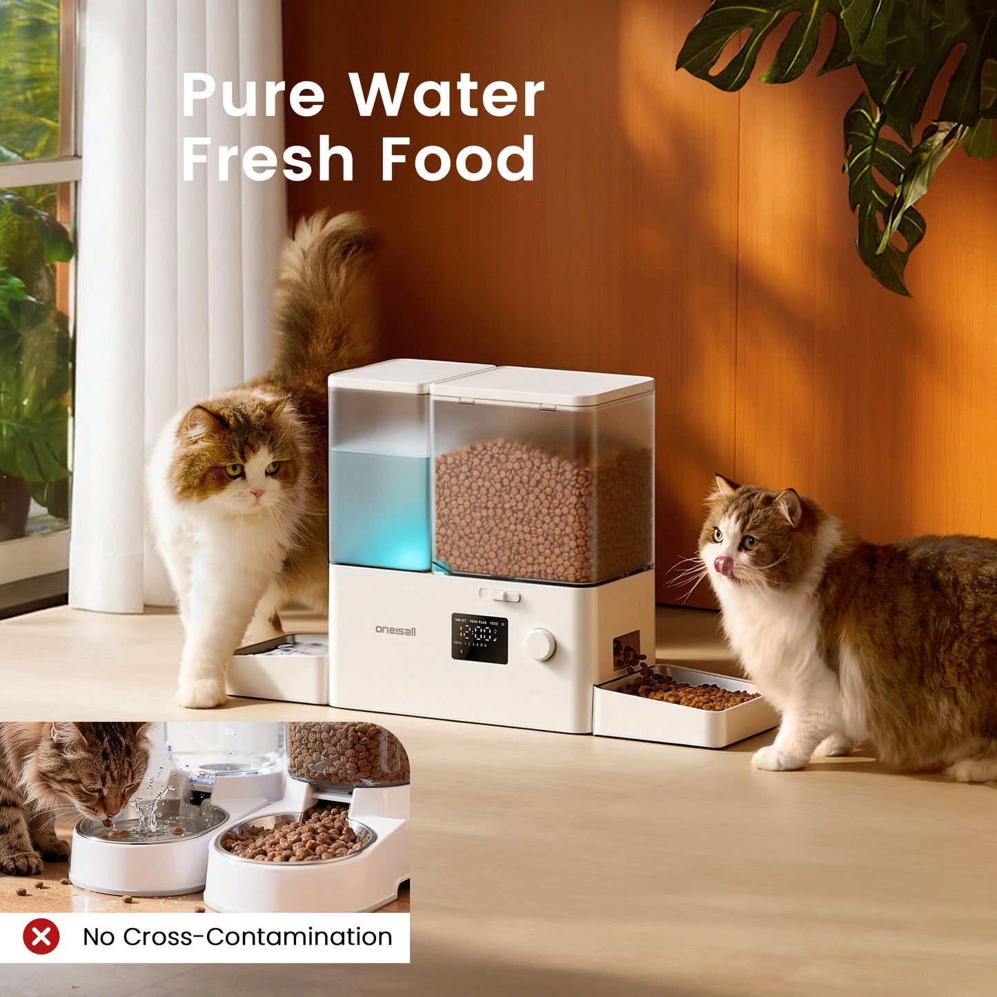 Oneisall PF14 Automatic Cat Feeder and Water Dispenser, 2-in-1 Large Capacity 5L Cat Feeder and 3.5L Gravity Water Dispenser for Pets, Timed Cat Feeder for Dry Food, White