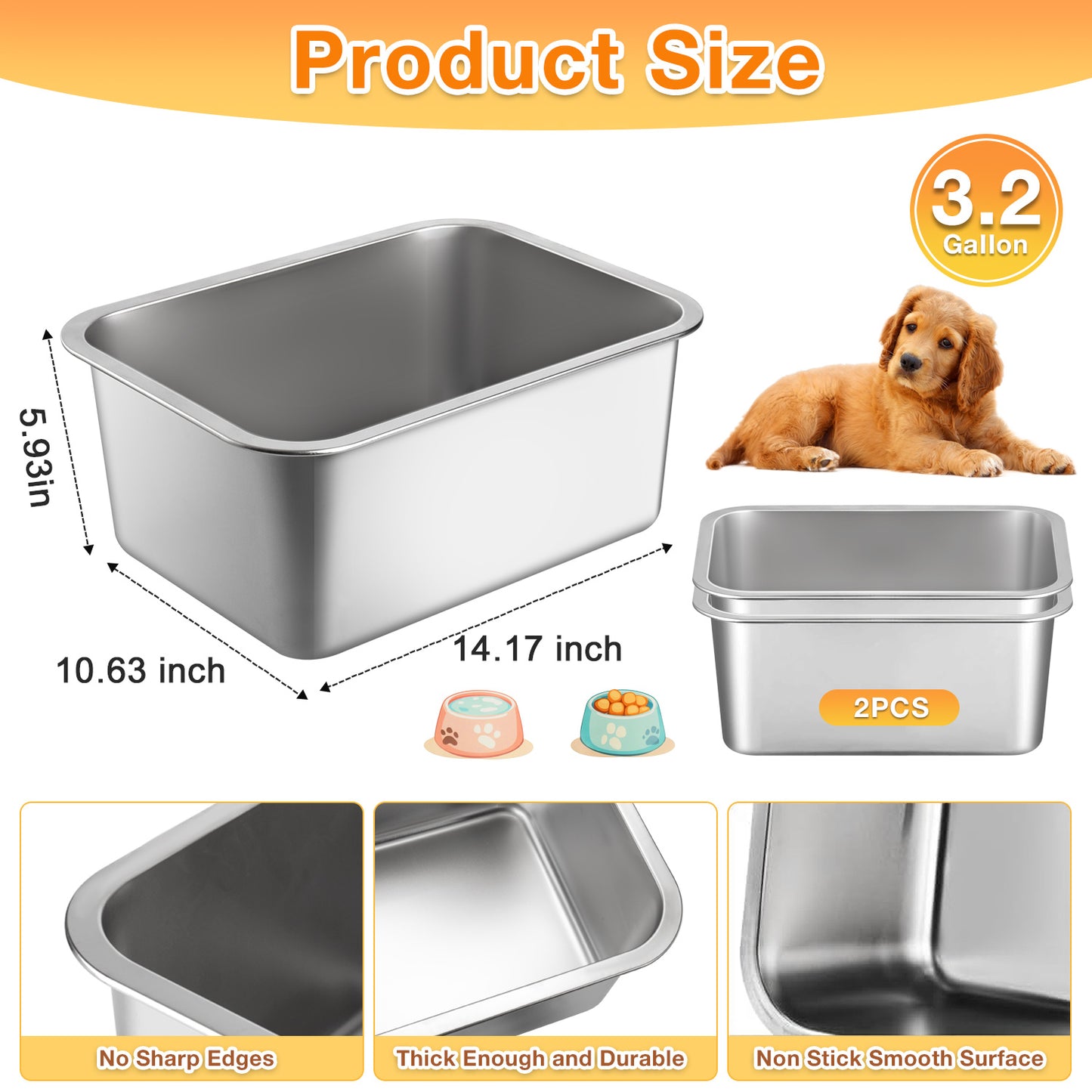 Oneisall 2 Pack 3.2 Gallons Large Dog Water Bowl and Dog Food Bowl, 304 Stainless Steel L Dog Bowl for Large Dogs, Silver