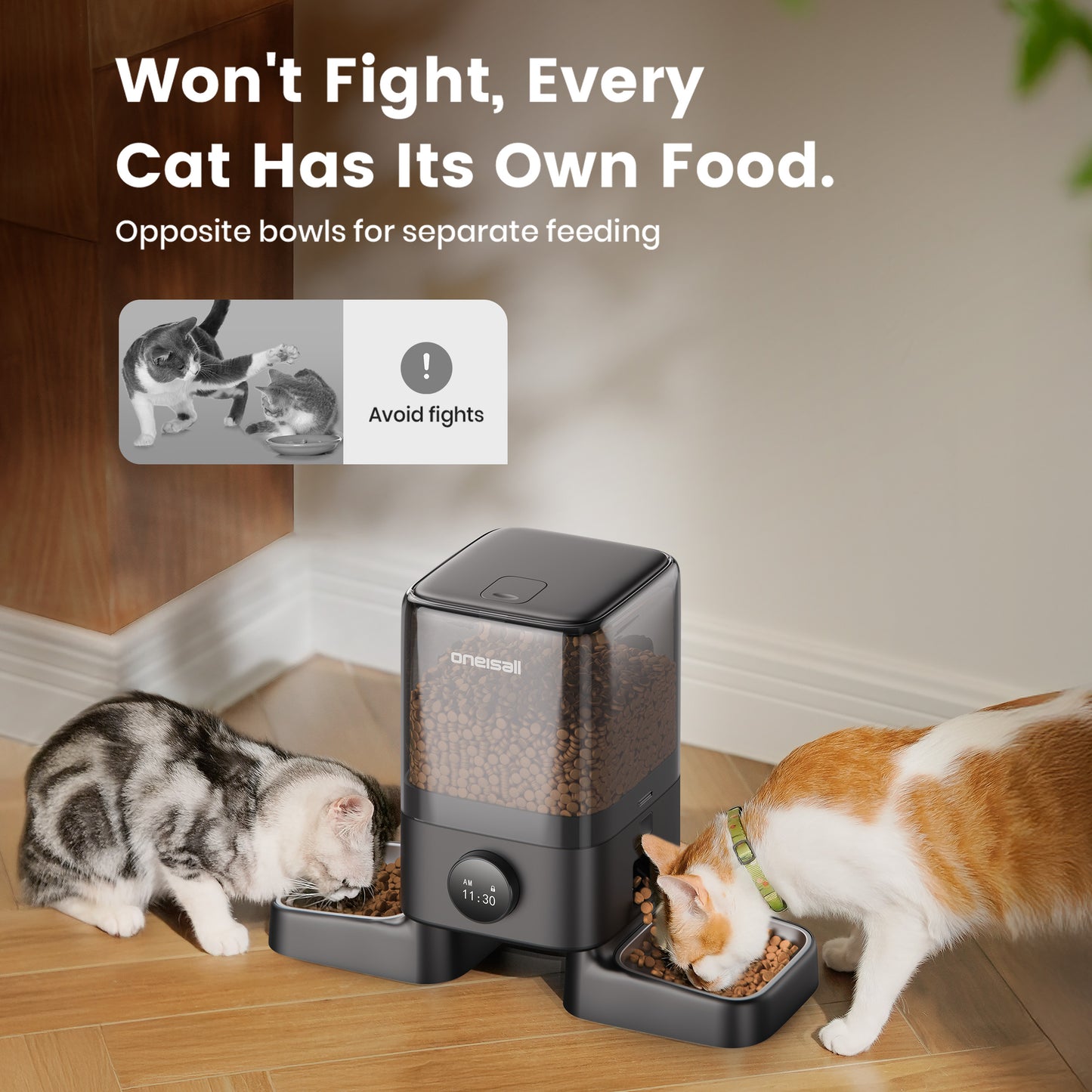 Oneisall 20 Cups/5L Automatic Cat Feeders for 2 Cats, PF09 Dual Automatic Cat Food Dispenser for Dry Food, Timed Auto Cat Feeder, 1-6 Meals Per Day, Black