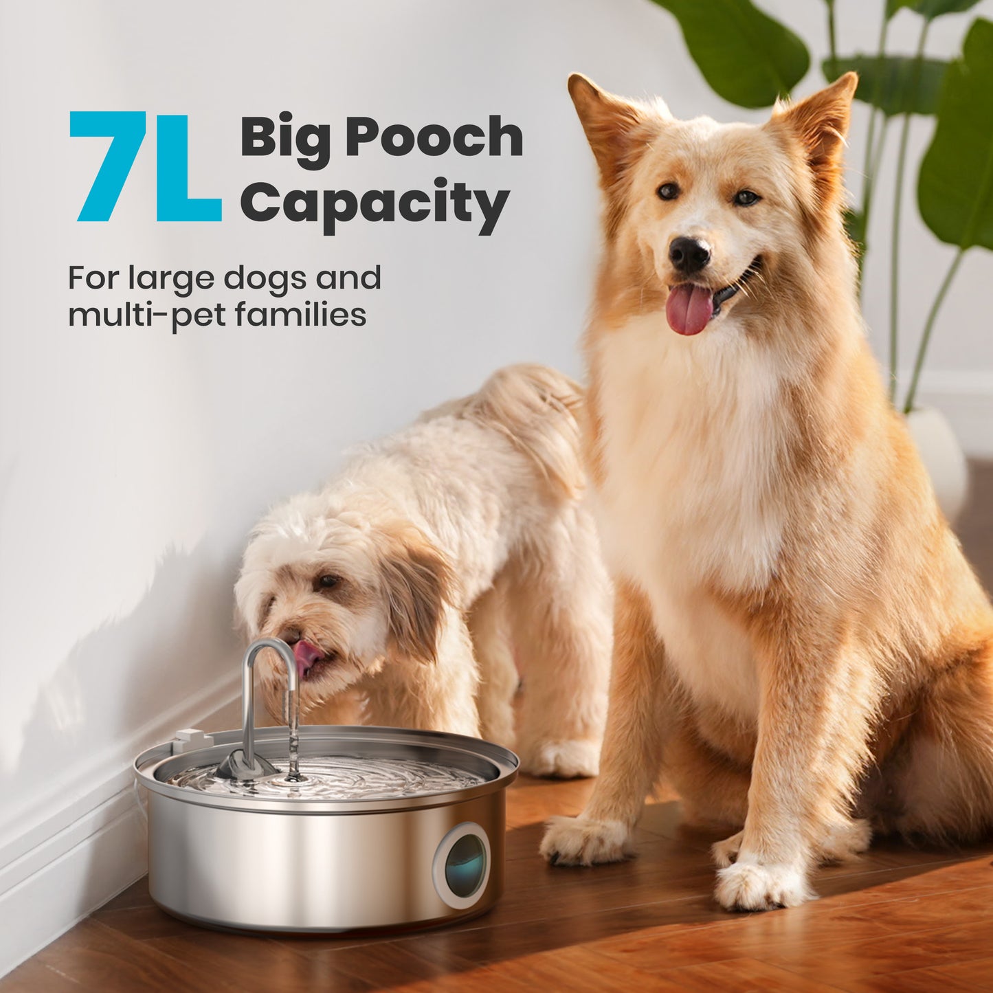 Oneisall 237Oz/7L/1.8G Dog Water Fountain, CW-07 Stainless Steel Dog Water Bowl Dispenser with Visual Window & Triple Filtration, Dog Fountain for Large Dogs/Multiple Dogs - Silver