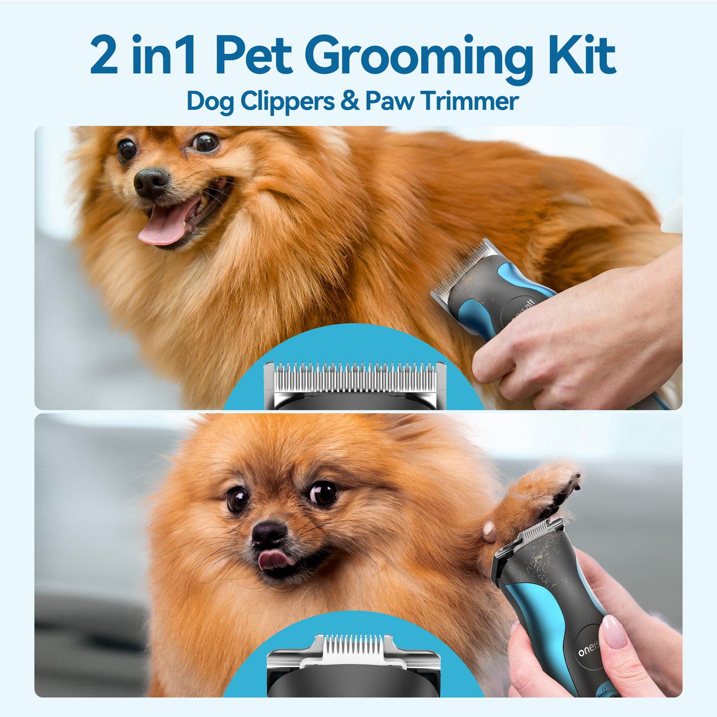 Oneisall TJ-02 Dog Clippers for Grooming, 2-in-1 Dog Grooming Clippers & Dog Paw Trimmer, Cordless Dog Grooming Kit for Thick Coats Small & Large Dogs - Blue Grey