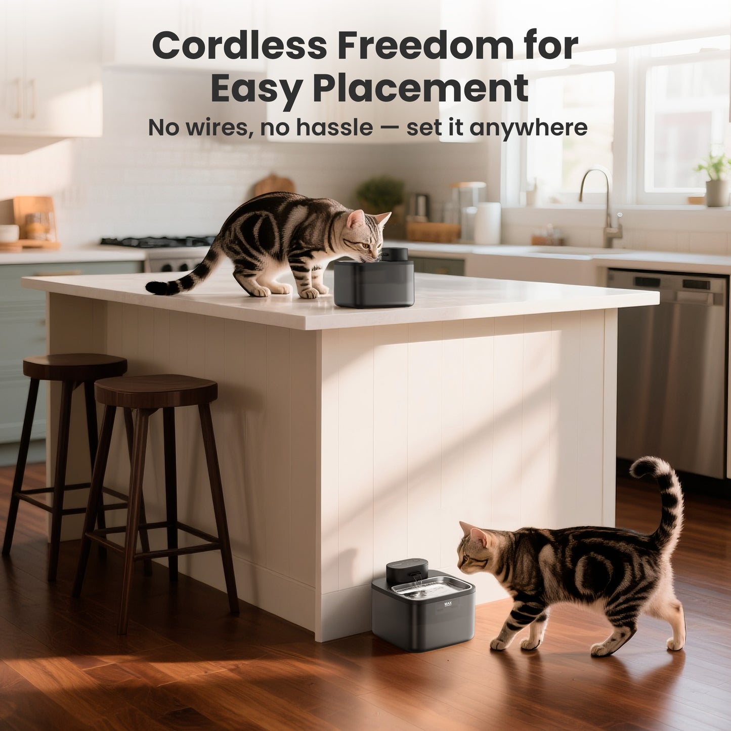 Oneisall CW-04 Wireless Cat Water Fountain Stainless Steel Tray, 2.2L/74oz Low Noise Cat Water Dispenser, Cat Drinking Fountain with 3 Filters- Silver