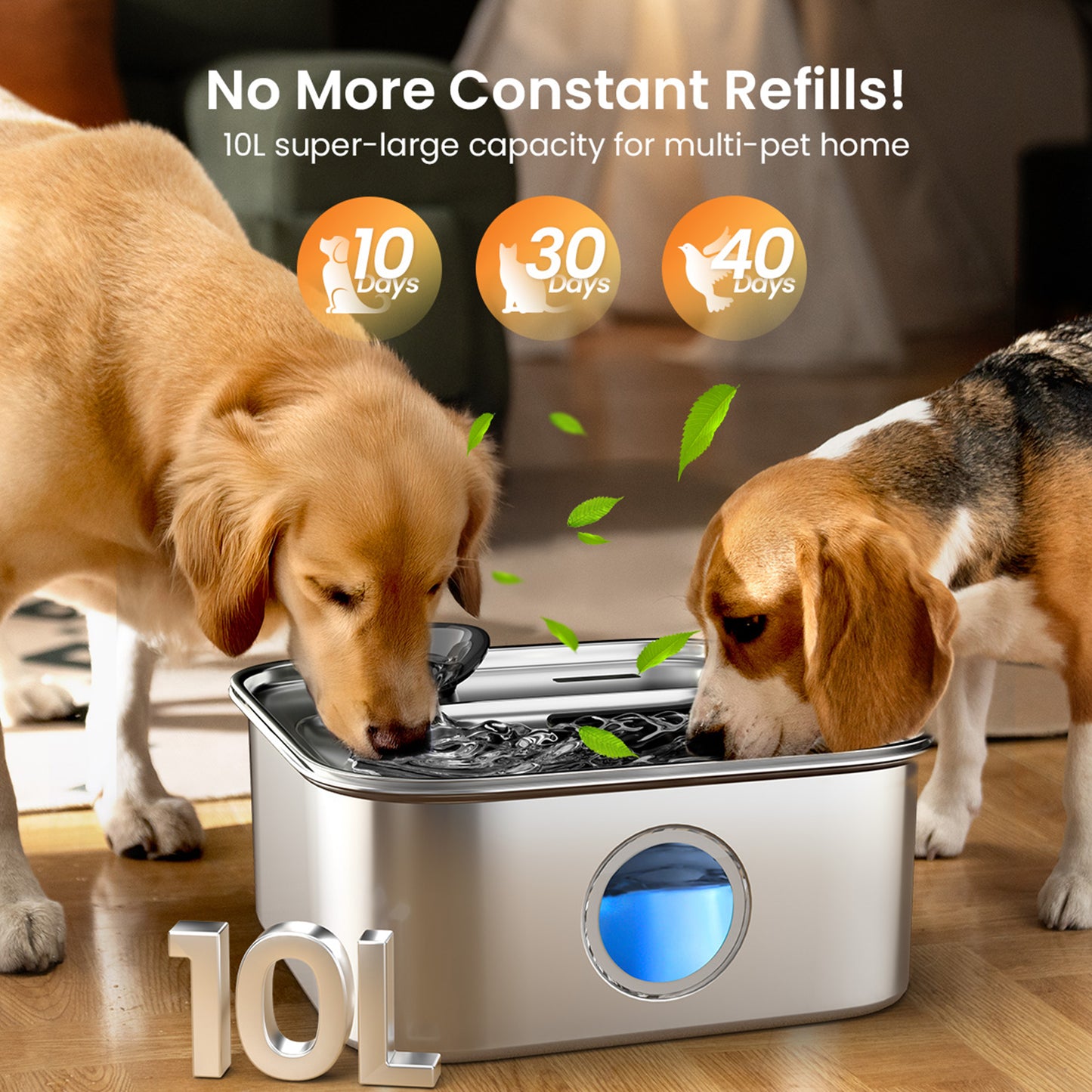 Oneisall PW07 Dog Water Fountain Stainless Steel 304, 10L/2.6Gal Automatic Dog Water Bowl Dispenser with Multi-Filtration & Deeper Drinking Area, Large Dog Water Bowl with Water Window & LED, Silver