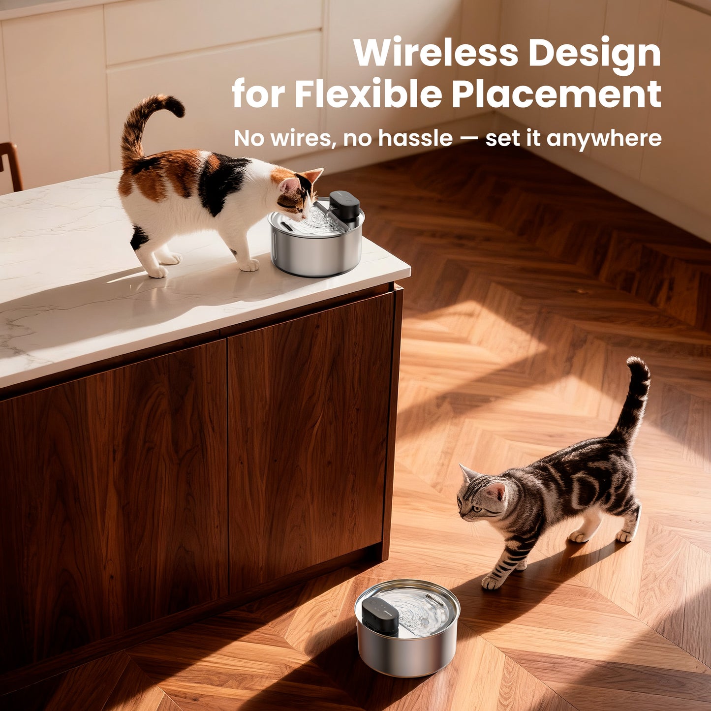 Oneisall CW-05 Stainless Steel Cat Water Fountain Wireless, 3.2L/108oz Low Noise Automatic Water Dispenser for Cats, Triple Filter Cat Fountains for Drinking - Silver