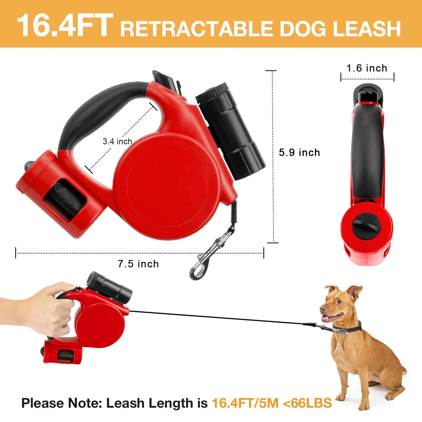 Oneisall 16.4FT Retractable Dog Leash, Leash for Small Medium Dogs with Flashlight & Poop Bag