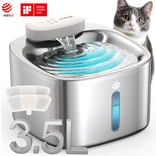 Oneisall PW04 Wireless 304 Stainless Steel Cat Water Fountain, 3.5L/118oz Cordless Water Fountains for Cats Indoor, Silver