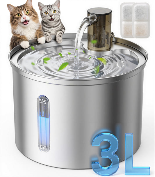Oneisall 3L/101oz 304 Stainless Steel Cat Water Fountain, CW-03 Automatic Cat Water Dispenser
