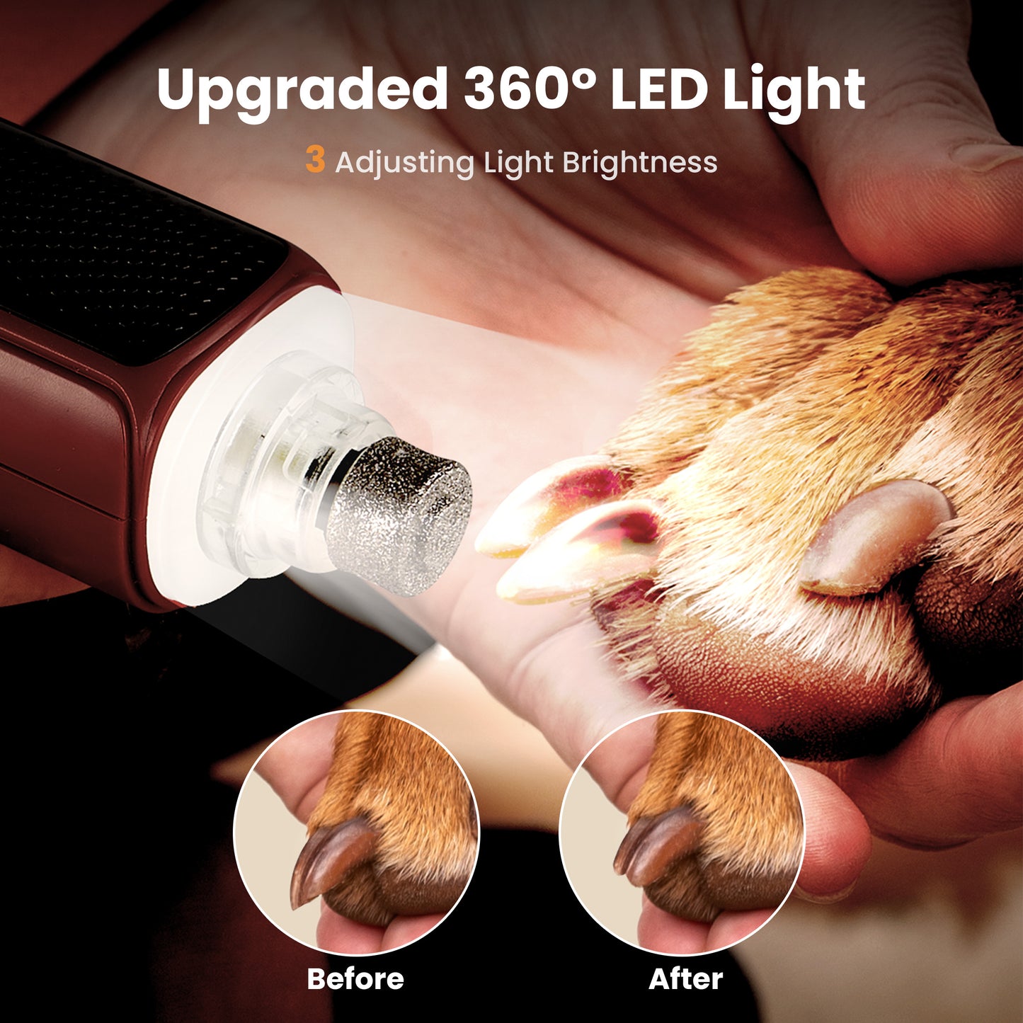 Oneisall NG01 Professional Dog Nail Grinder 7-Speed & 360° LED Light & 3 Brightness, Low Noise Dog Nail Trimmer, Pet Nail Grinder for Dogs and Cats, with Extra Grinder Head Cover - Red