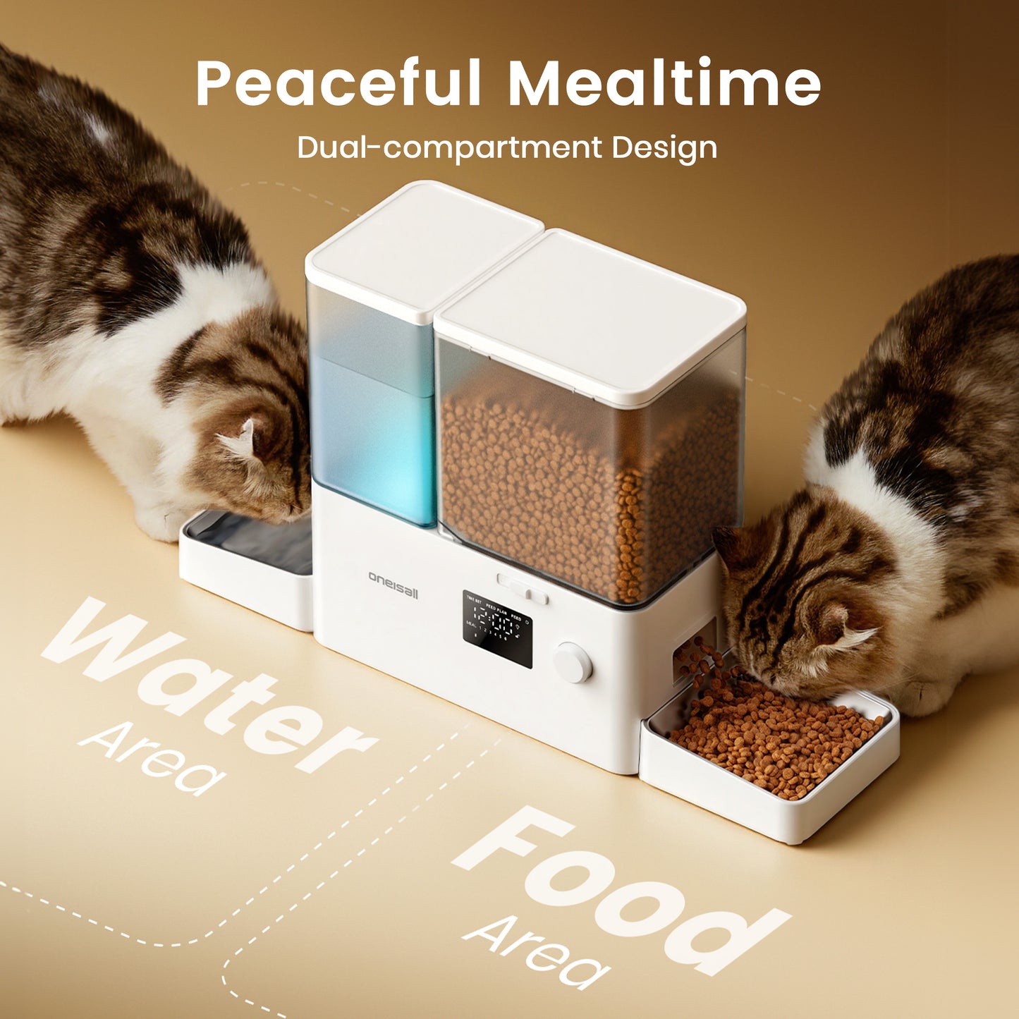 Oneisall PF14 Automatic Cat Feeder and Water Dispenser, 2-in-1 Large Capacity 5L Cat Feeder and 3.5L Gravity Water Dispenser for Pets, Timed Cat Feeder for Dry Food, White