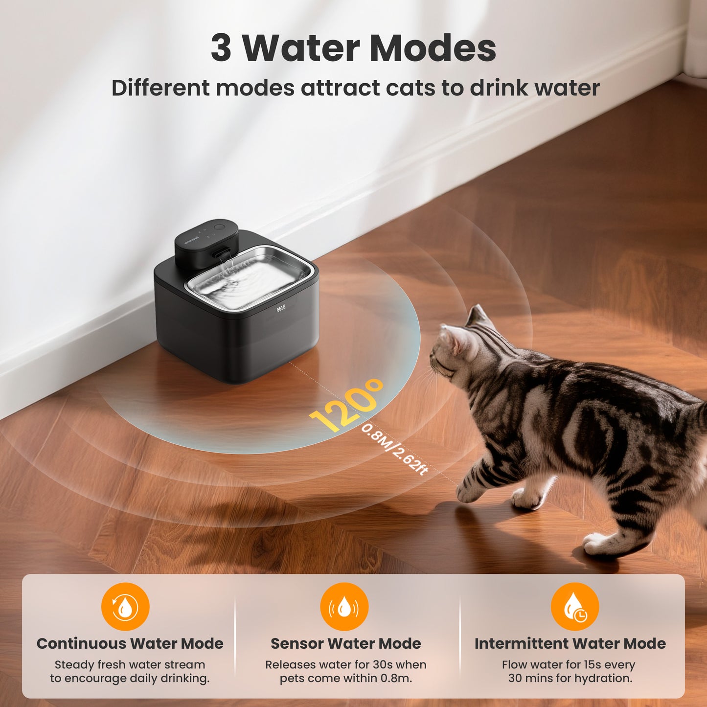 Oneisall CW-04 Wireless Cat Water Fountain Stainless Steel Tray, 2.2L/74oz Low Noise Cat Water Dispenser, Cat Drinking Fountain with 3 Filters- Silver