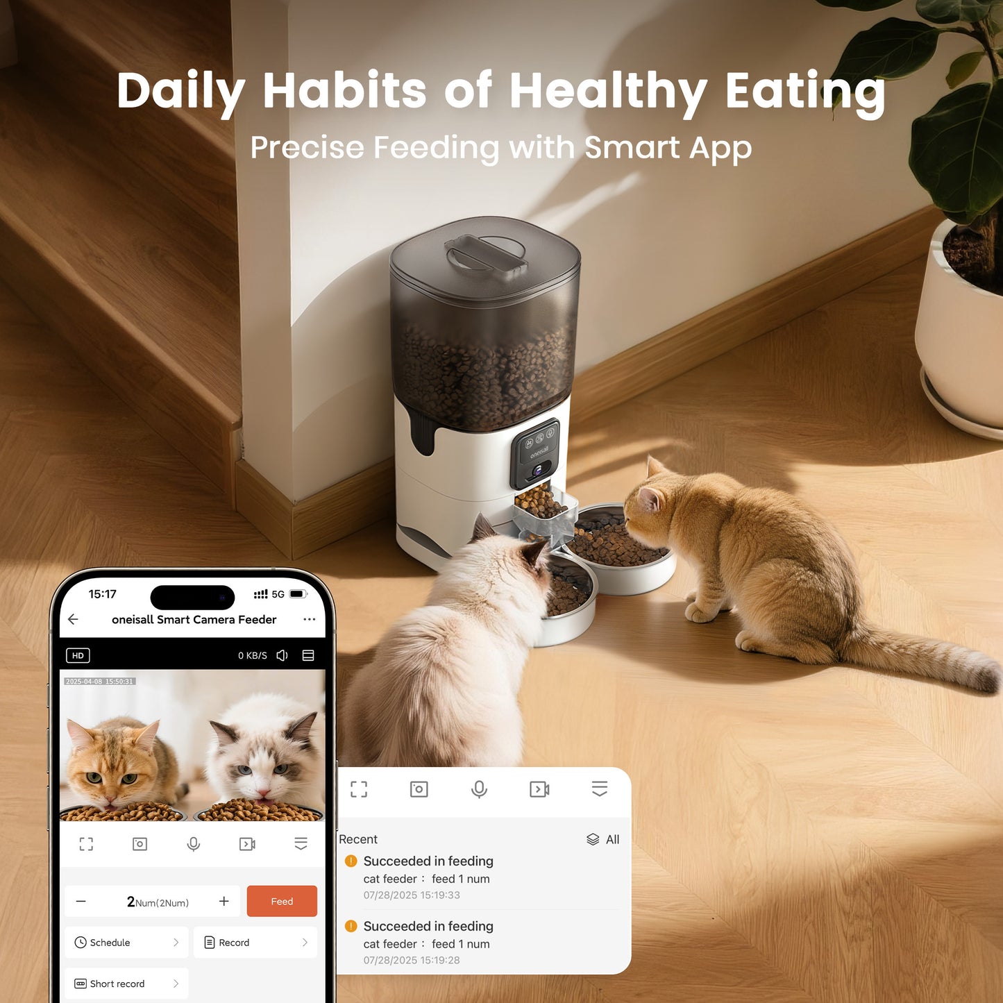 Oneisall WF-65 Automatic Cat Food Dispenser for 2 Cats, 5GHz & 2.4GHz Automatic Cat Feeder with Camera, 7L/29 Cups Timed Cat Feeder, White