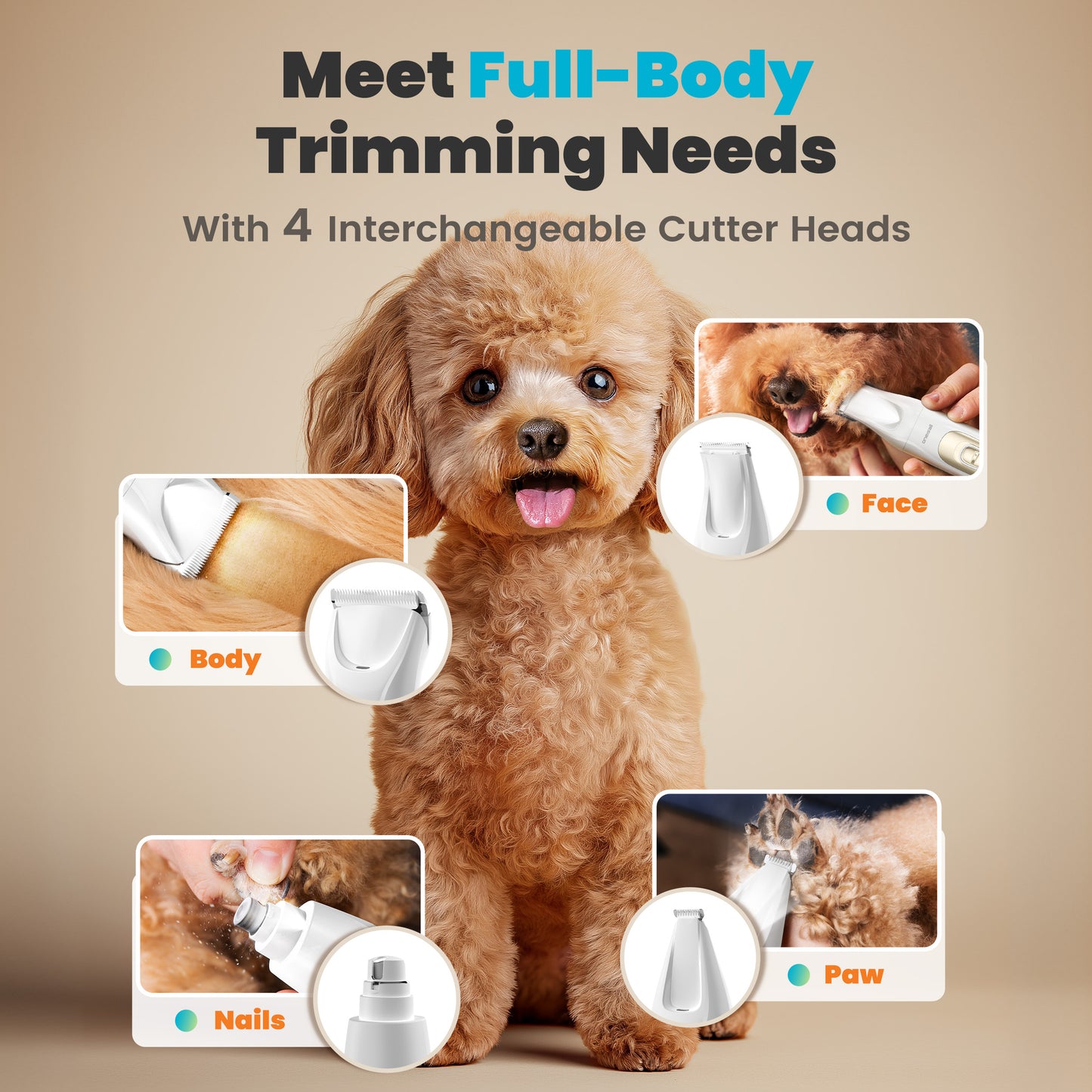 Oneisall 4-in-1 Cordless Dog Grooming Kit with LED Light, FC10 Dog Clippers & Dog Paw Trimmer & Dog Nail Grinder & Dog Grooming Clippers