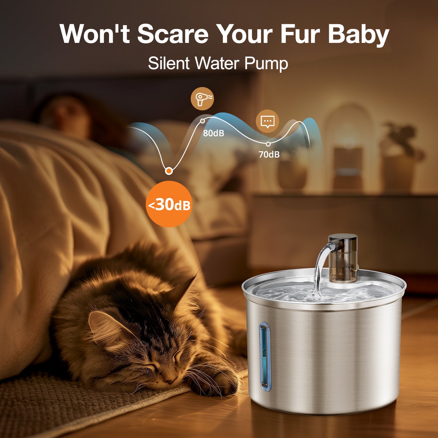 Oneisall 3L/101oz 304 Stainless Steel Cat Water Fountain, CW-03 Automatic Cat Water Dispenser