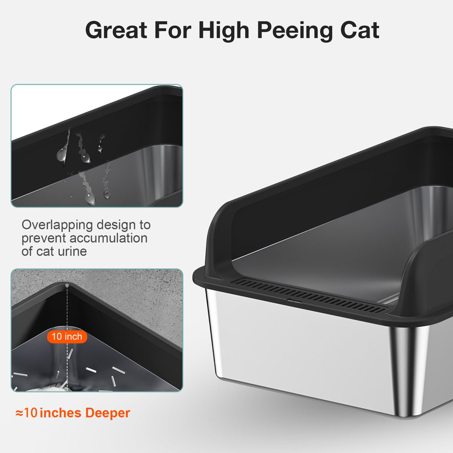 Oneisall XL Stainless Steel Cat Litter Box for Multiple Cats, MS-60 Metal Cat Litter Box with Scoop & Mat, Black