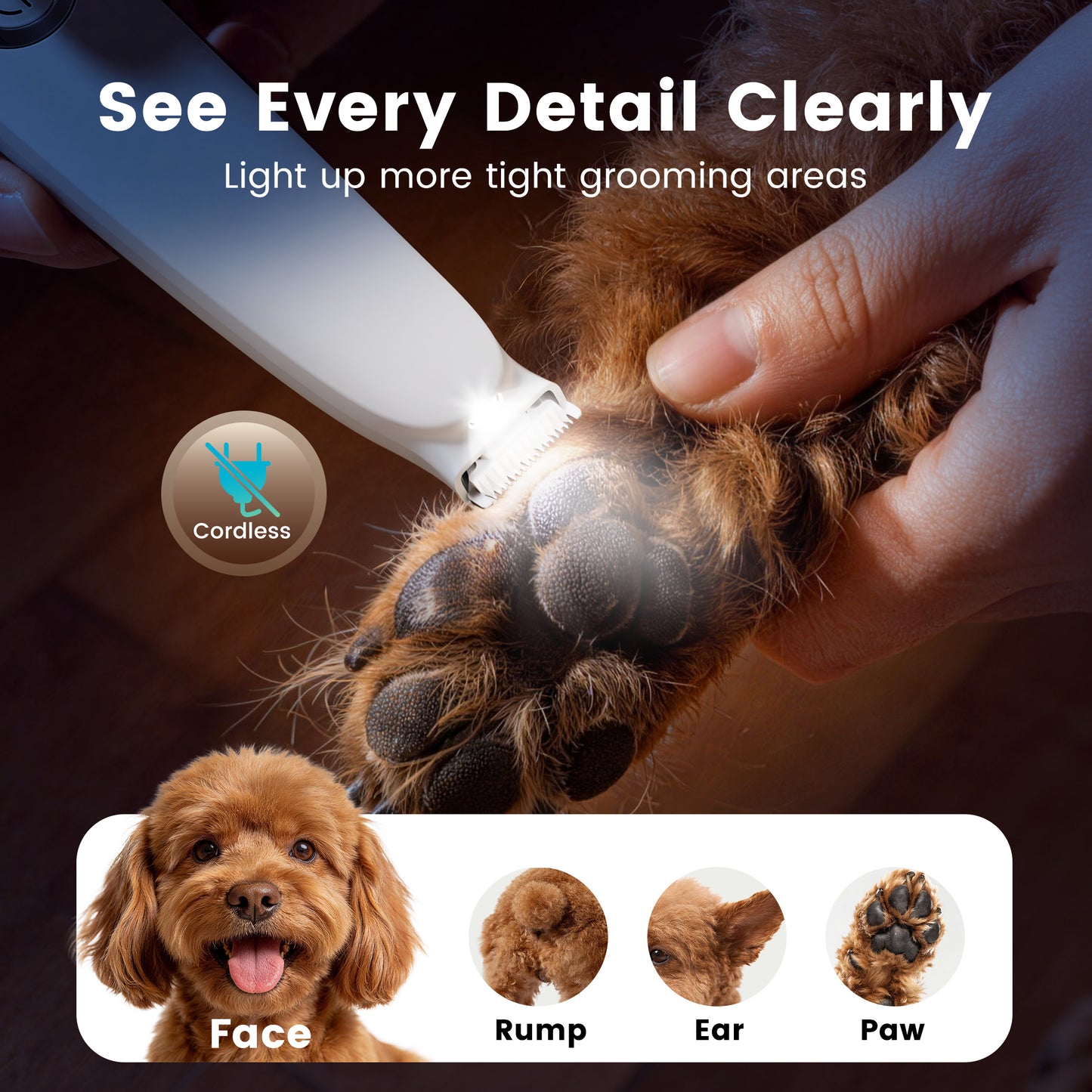 Oneisall PT01 Dog Paw Trimmer with 0.8-inch Widen Blade & LED Light, Low Noise 2 Speed Paw Trimmer for Dogs, White