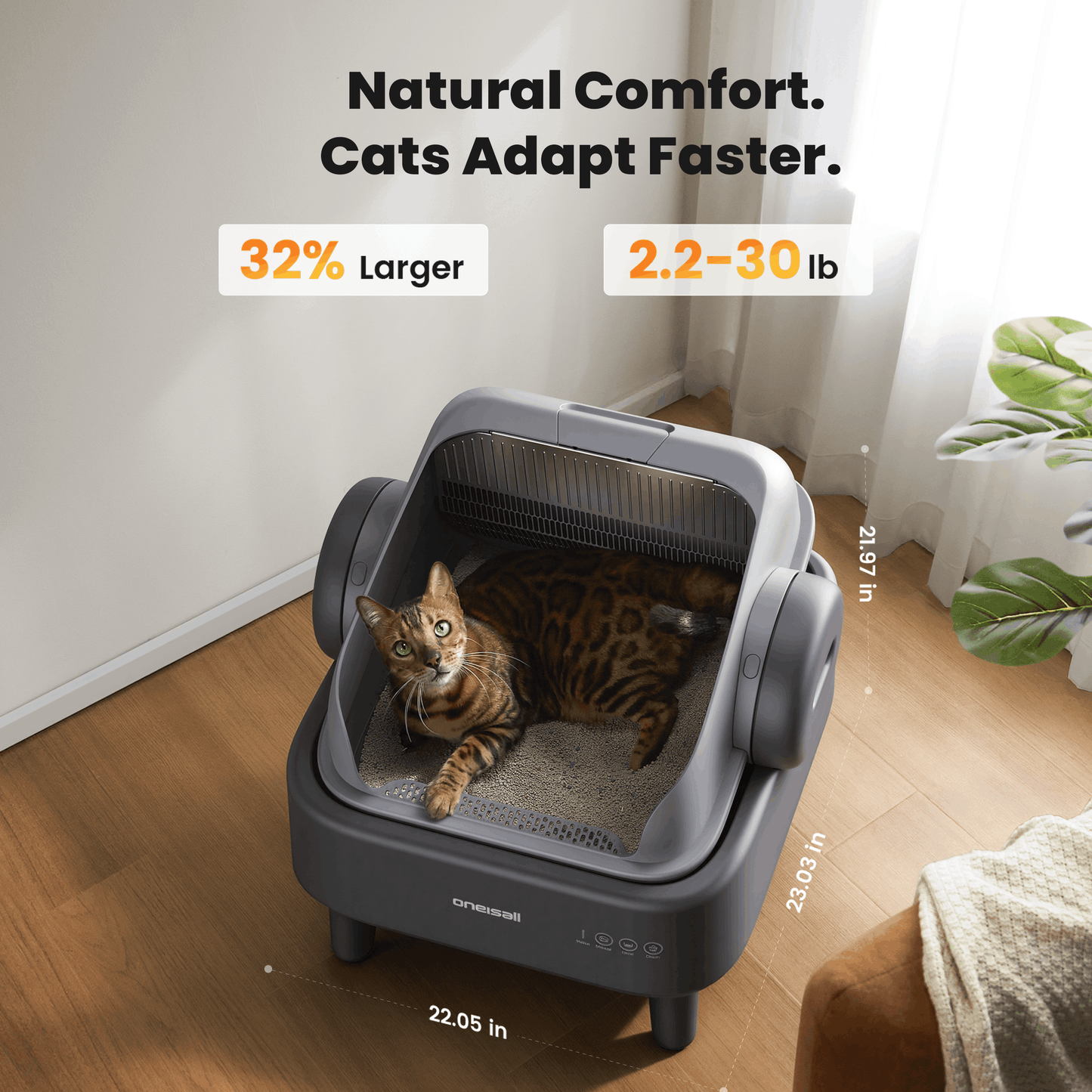 Oneisall CB01 Self-Cleaning Litter Box with EaseClean™ System, Open-Top Cat Litter Box for Large Cat, Automatic Litter Box Complete Litter Kit with Litter Mat, 40 Waste Bin Liners - Gray