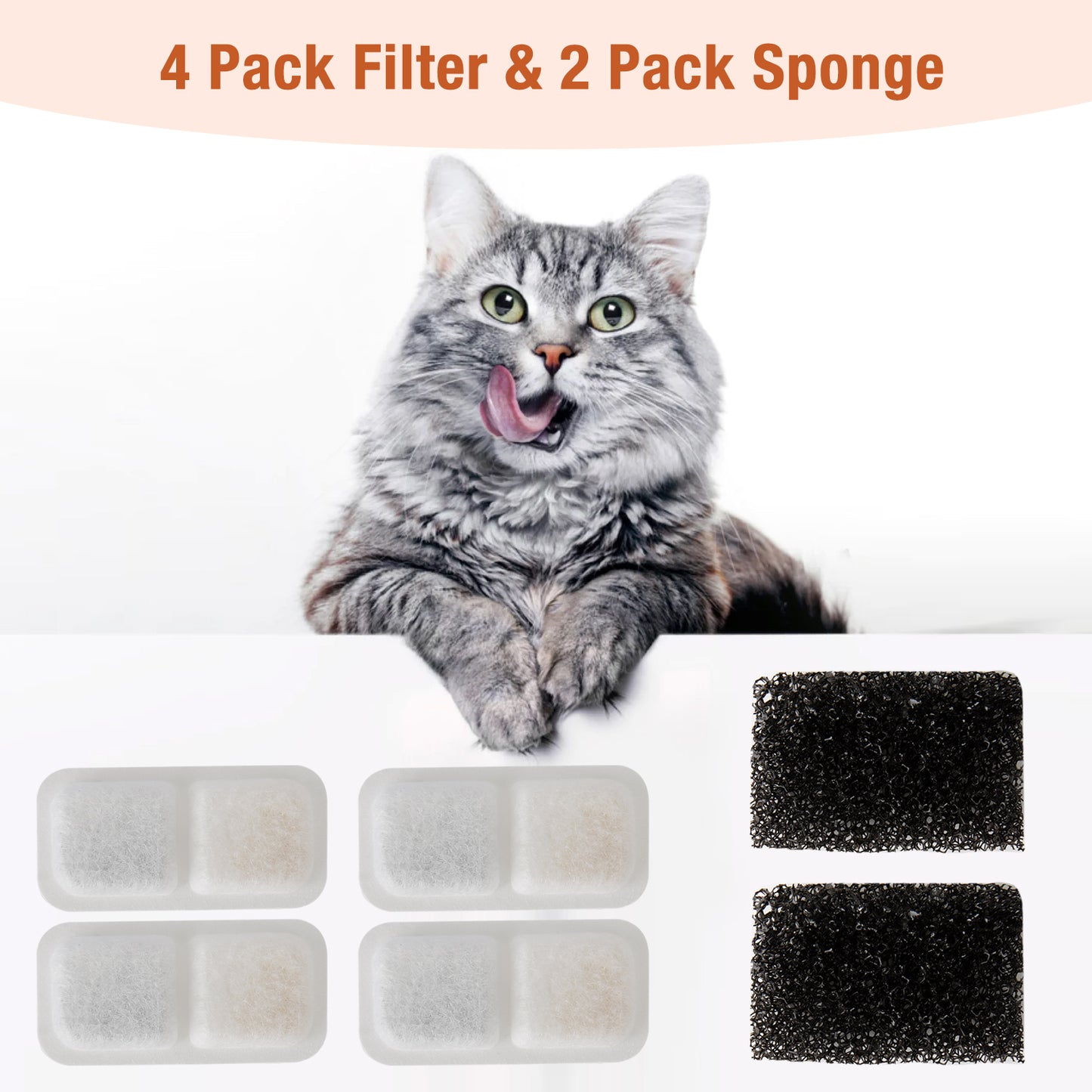 Oneisall 4 Pack Replacement Filters & 2 Pack Replacement Sponges for CW-03 Cat Water Fountain