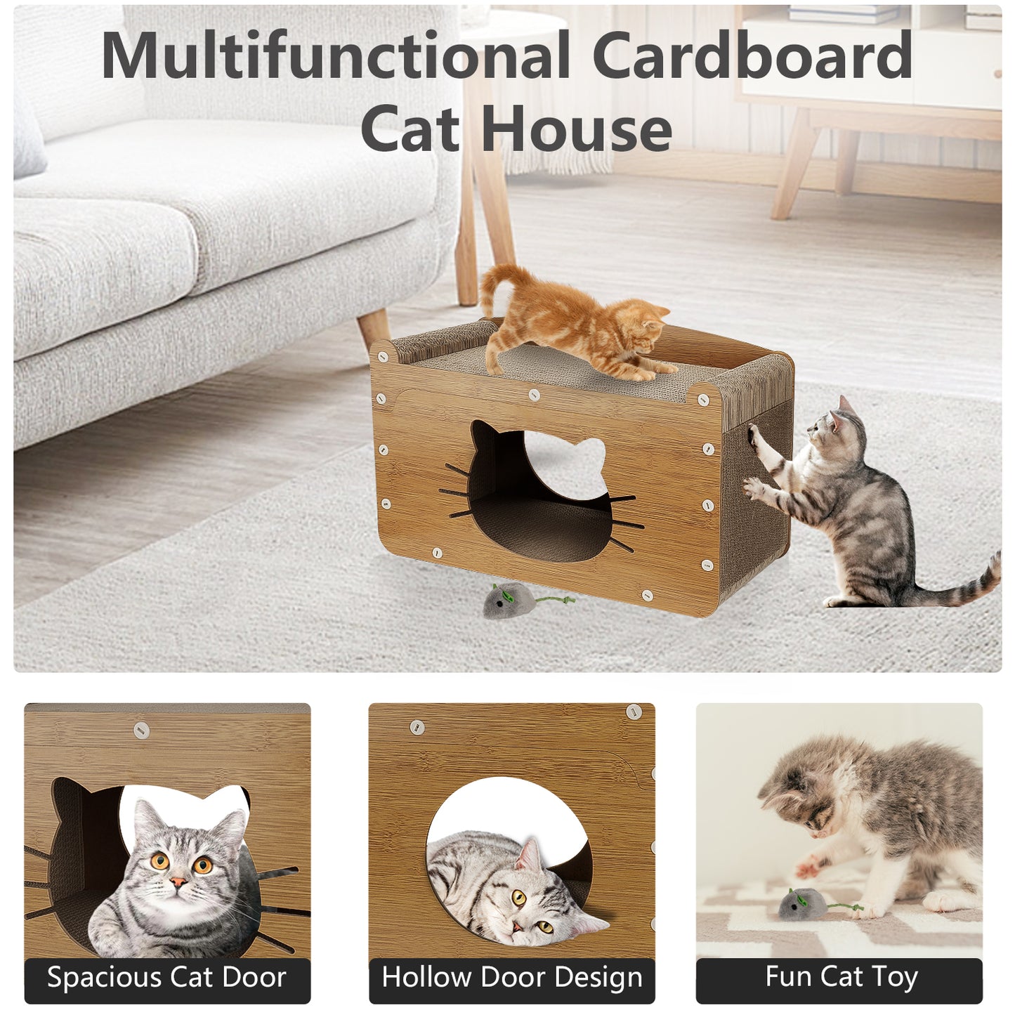 Oneisall 2 In 1 Cat Scratcher Cat Houses for Indoor Cats, 2-Layer Cardboard Cat House & 8-Sides Cat Scratching Board, Cat Scratcher House with 3 Cat Toys, Cat Furniture Cat Scratch Pad, Wood Color