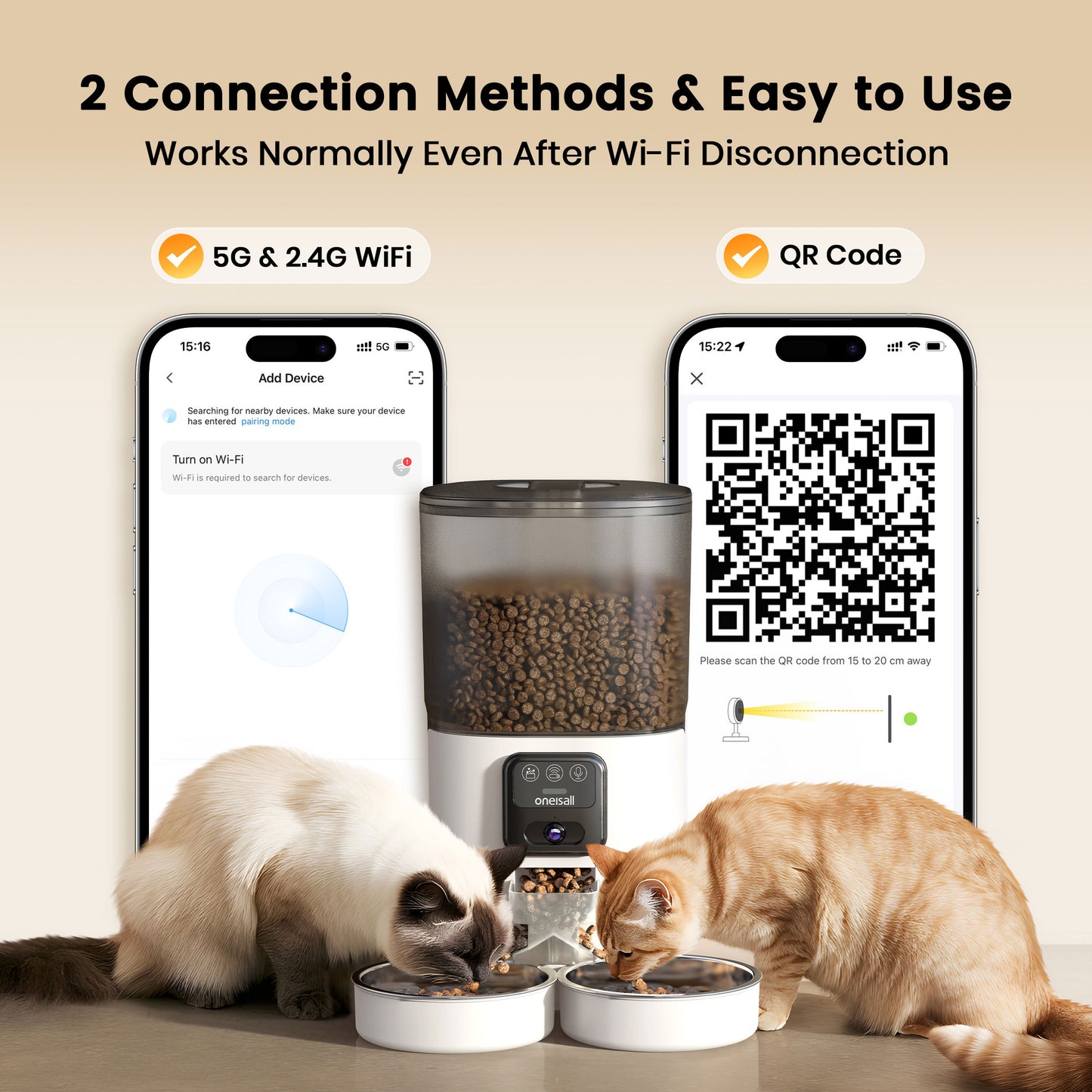 Oneisall WF-65 Automatic Cat Food Dispenser for 2 Cats, 5GHz & 2.4GHz Automatic Cat Feeder with Camera, 7L/29 Cups Timed Cat Feeder, White