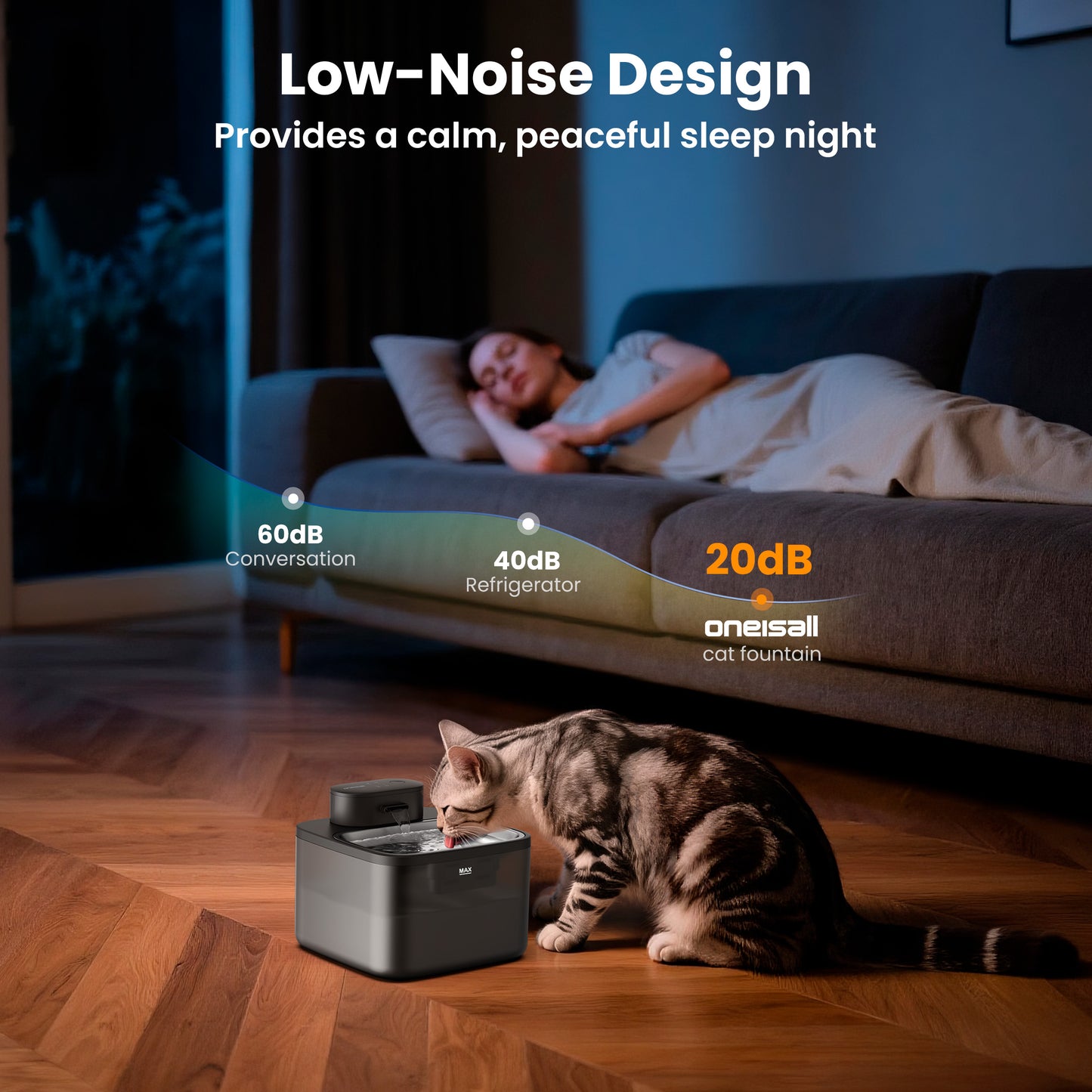 Oneisall CW-04 Wireless Cat Water Fountain Stainless Steel Tray, 2.2L/74oz Low Noise Cat Water Dispenser, Cat Drinking Fountain with 3 Filters- Silver