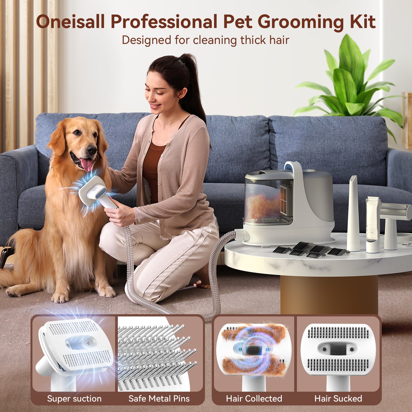 Oneisall Dog Grooming Vacuum/13Kpa Low Noise Pet Grooming Vacuum /3L Large Dust Bin Dog Vacuum for Shedding Grooming/Dog Grooming Kit Including 6 Tools for Dhedding Thick Coats and Home Cleaning