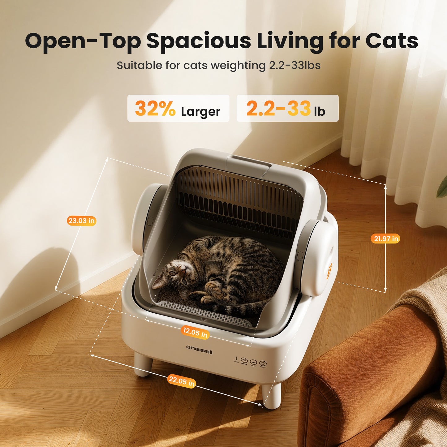 Oneisall AB01 Automatic Cat Litter Box with 17 Safety Sensors, Open Top Self Cleaning Litter Box for Multiple Cats, Automatic Litter Box with Washable Silicone Lining & 40 Waste Bags, White