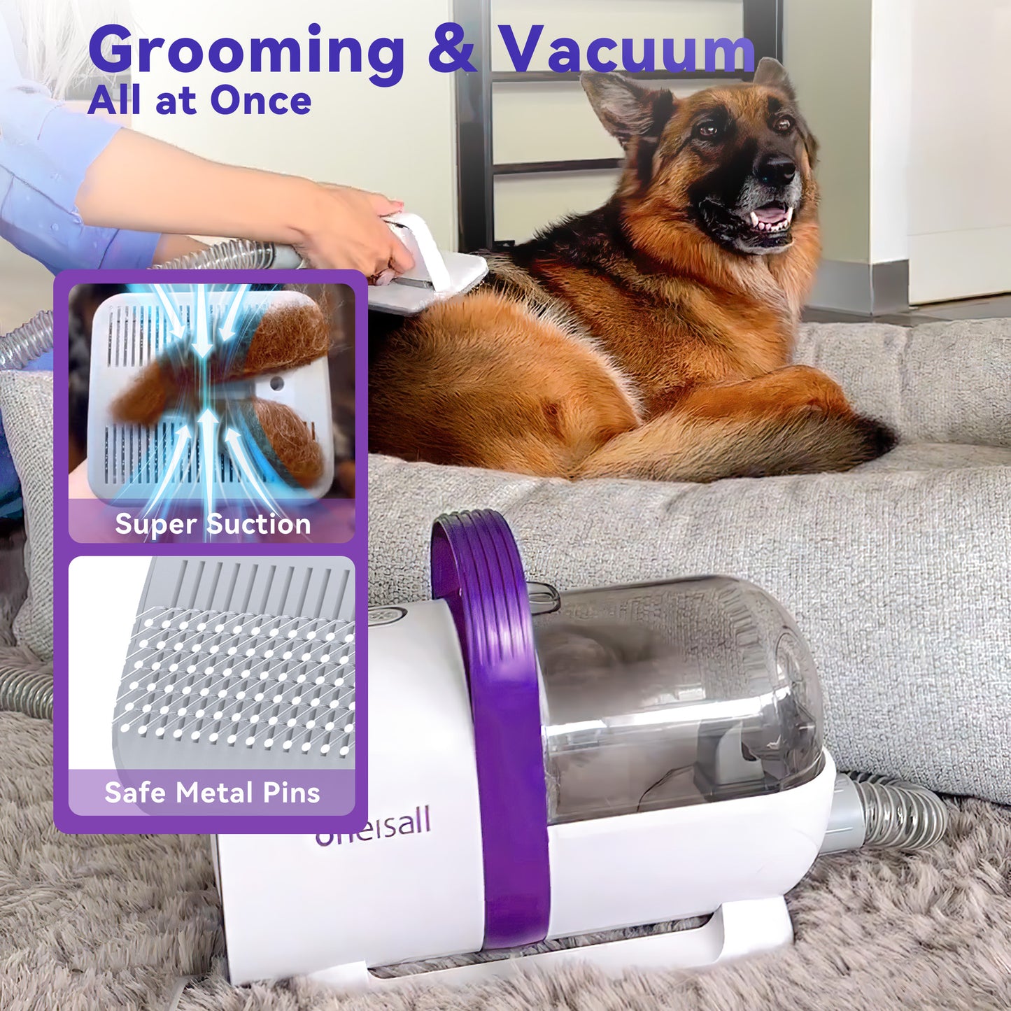 Oneisall LM3 Dog Grooming Vacuum, 8-in-1 Dog Grooming Kit, 11000Pa Super Suction Dog Hair Vacuum for Shedding Dogs Cats Hair, Purple