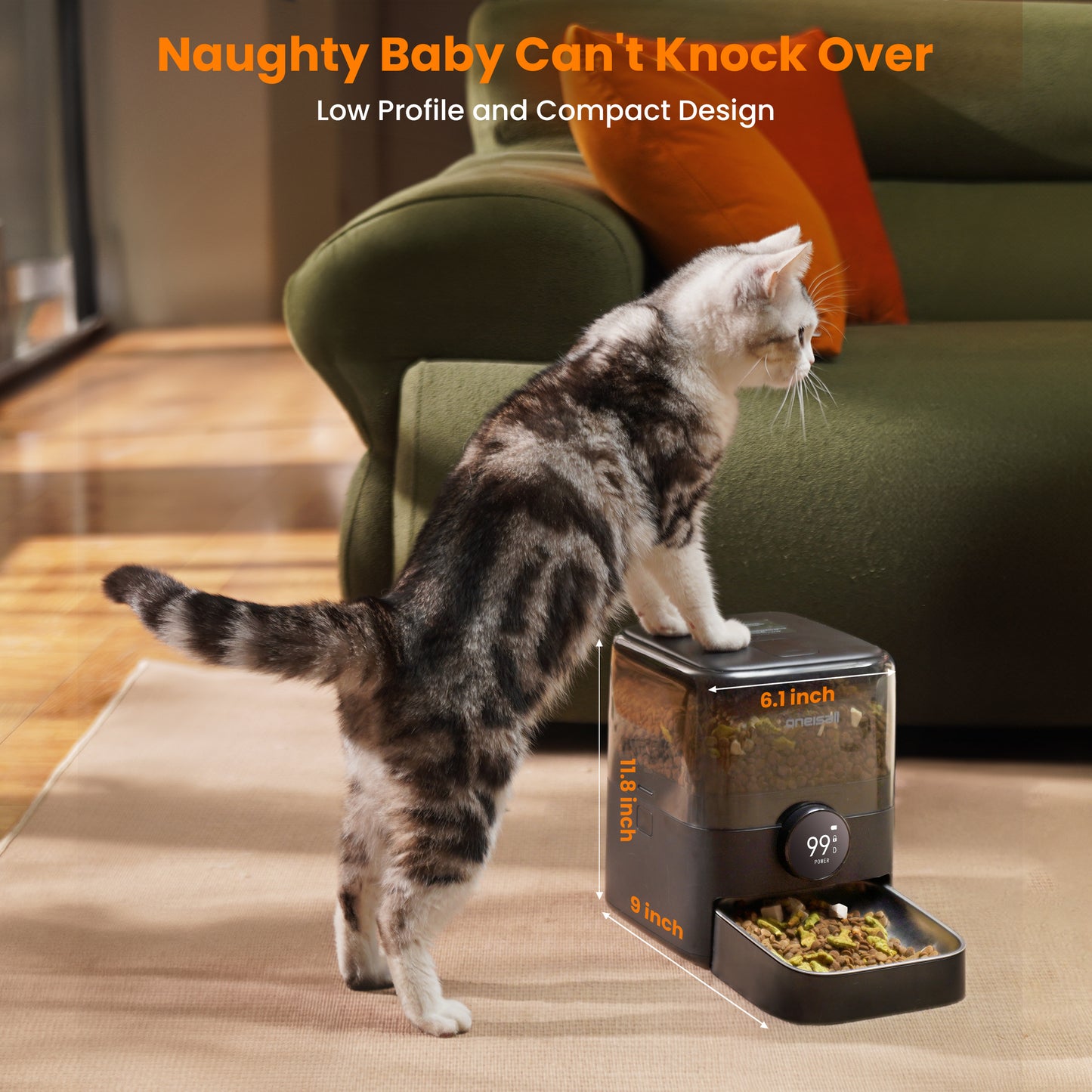 Oneisall PF06 Wireless Automatic Cat Feeder, 12 Cups/3L WiFi Timed Cat Feeder, 100 Day Extended Runtime Pet Feeder, Automatic Cat Food Dispenser for Large Kibble, Smart App Control, Black