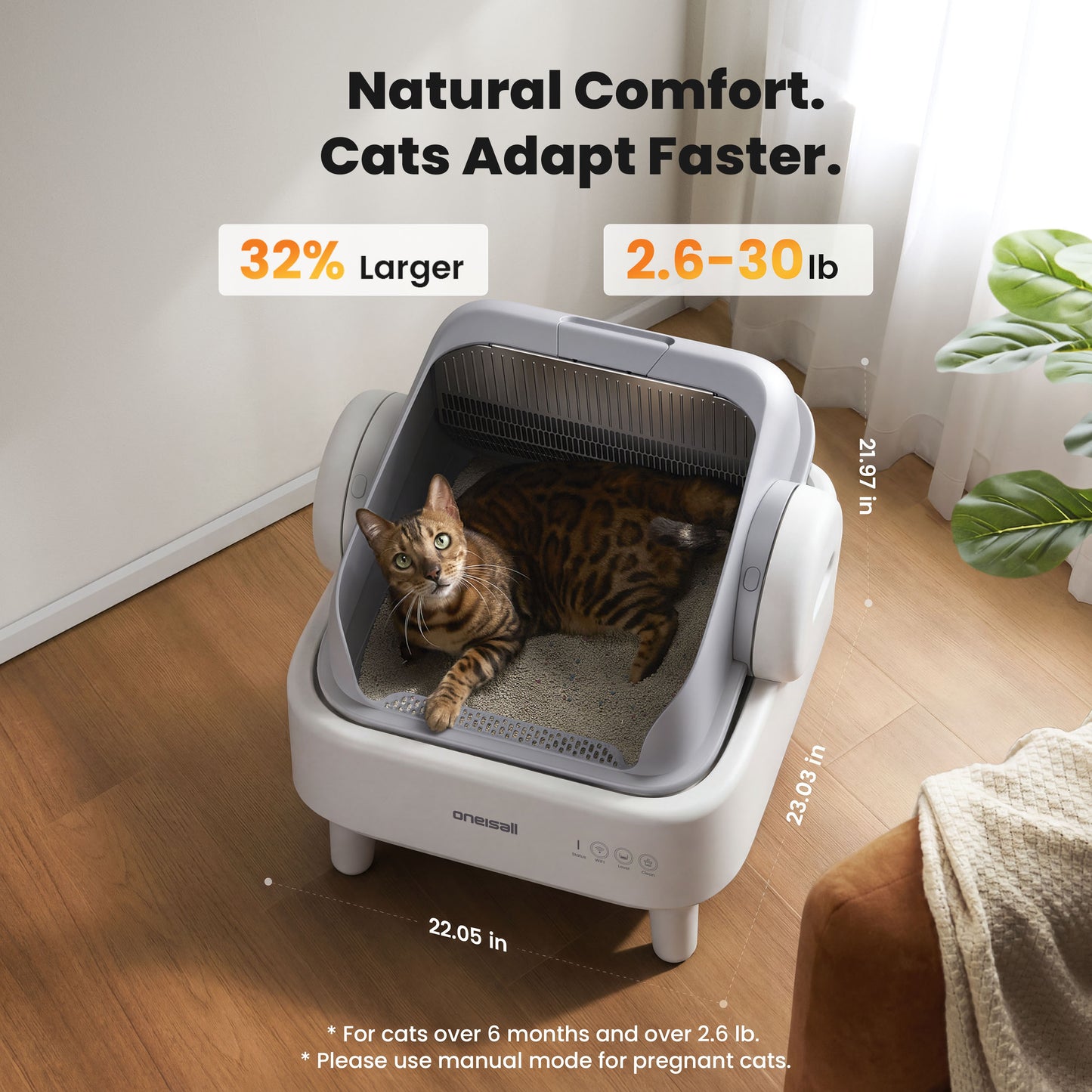 Oneisall AB02 Automatic Litter Box with APP Control, Extra-Large Open-Top Self Cleaning Litter Box with 17 Safety Sensors, White