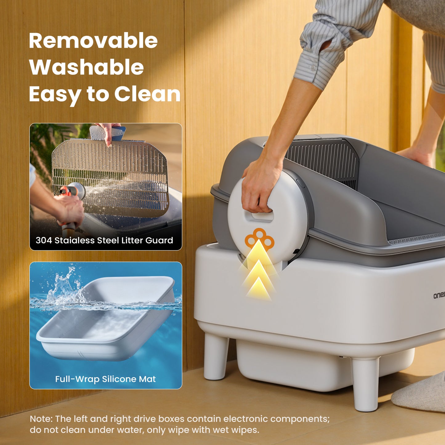 Oneisall AB01 Automatic Cat Litter Box with 17 Safety Sensors, Open Top Self Cleaning Litter Box for Multiple Cats, Automatic Litter Box with Washable Silicone Lining & 40 Waste Bags, White