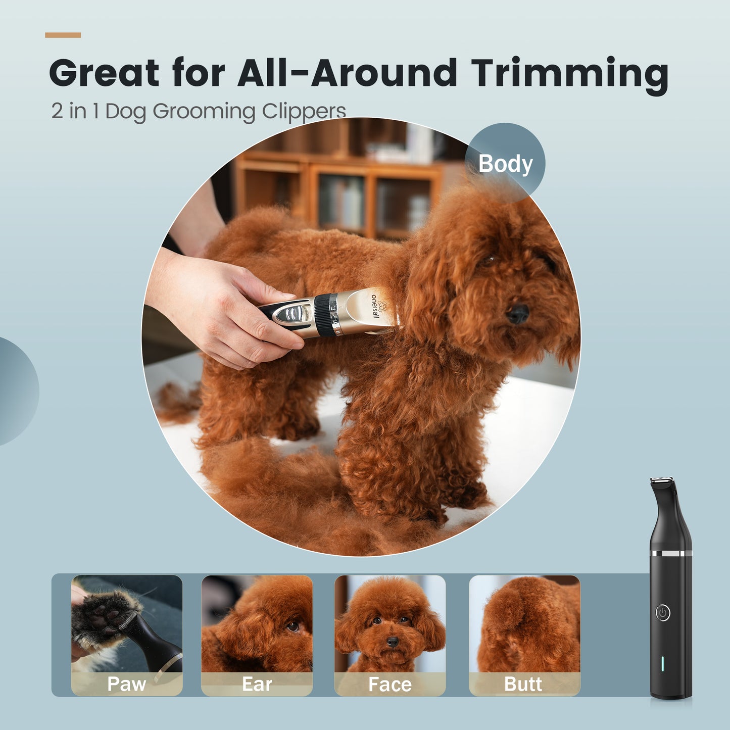 Oneisall S6 Set Dog Clippers & Dog Paw Trimmer, 2-in-1 Ultra Quiet Cordless Dog Grooming Kit, Gold & Black