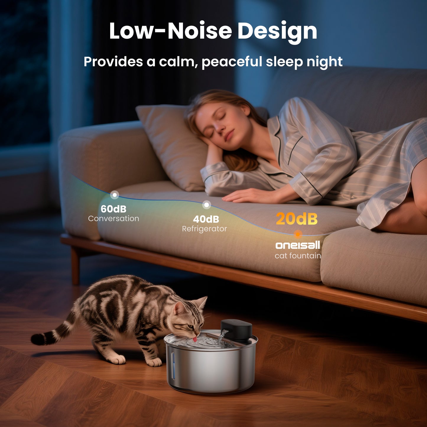 Oneisall CW-05 Stainless Steel Cat Water Fountain Wireless, 3.2L/108oz Low Noise Automatic Water Dispenser for Cats, Triple Filter Cat Fountains for Drinking - Silver