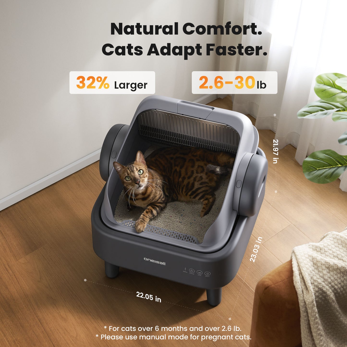 Oneisall CB02 Self Cleaning Litter Box with APP Control, Open-Top Smart Cat Litter Box Rinsable Easy Clean, Safety Protection&11L Large Waste Bin, Automatic Litter Box for Large Cats, Gray