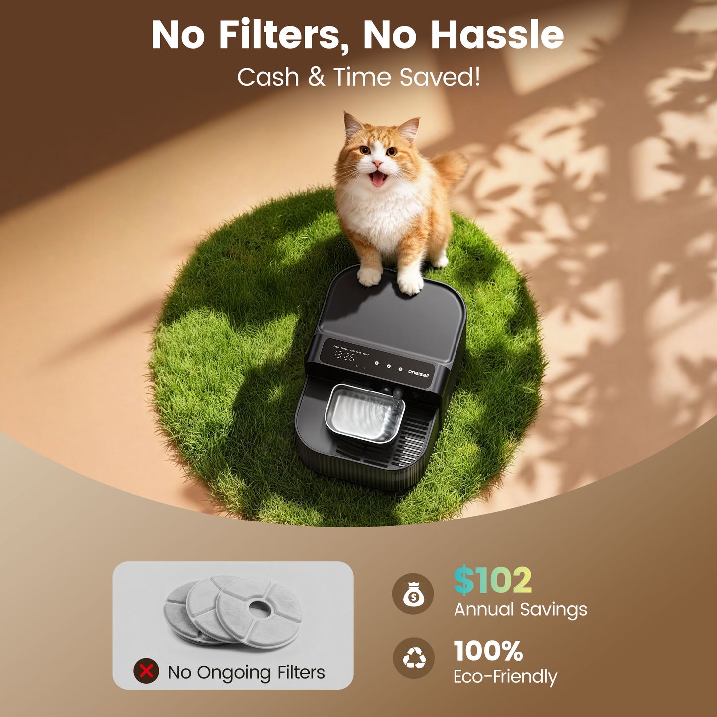 Oneisall PW17 Filterless Cat Water Fountain, 3.5L/118oz Separate Clean and Dirty Water Pet Fountain with Stainless Steel Bowl, Wireless Cat Water Fountain, Black